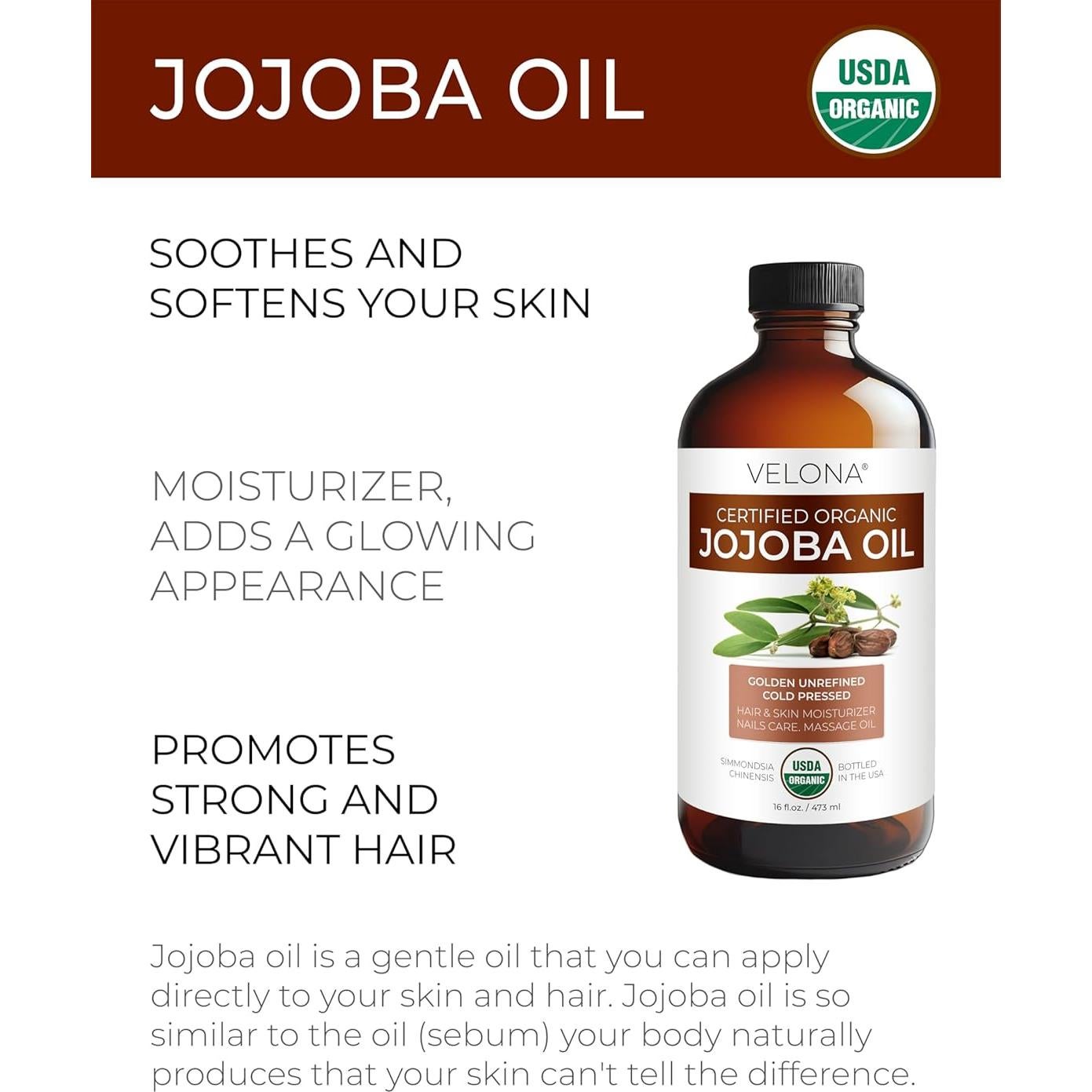 Aceite de Jojoba Orgánico Velona 473 ml - Puro y Natural