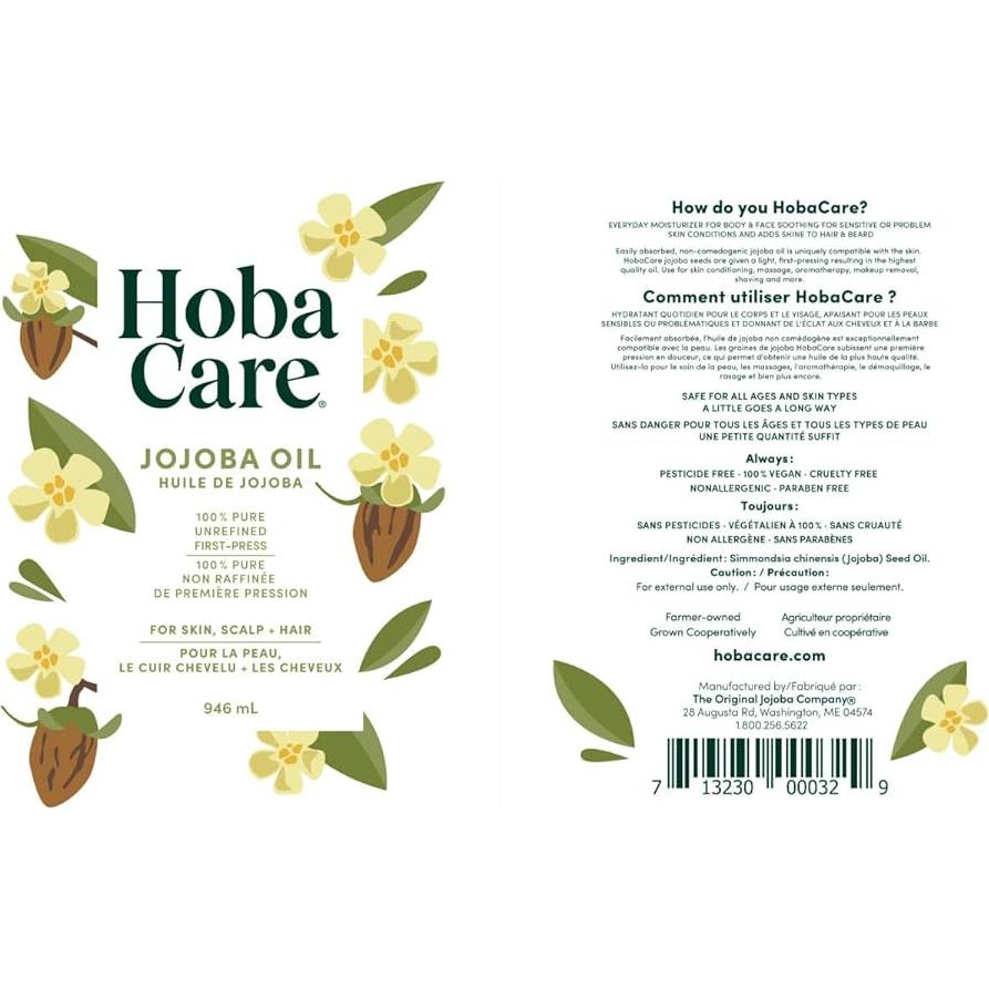 Aceite de Jojoba HobaCare 100% Puro 946 ml - Hidratante Facial y Corporal