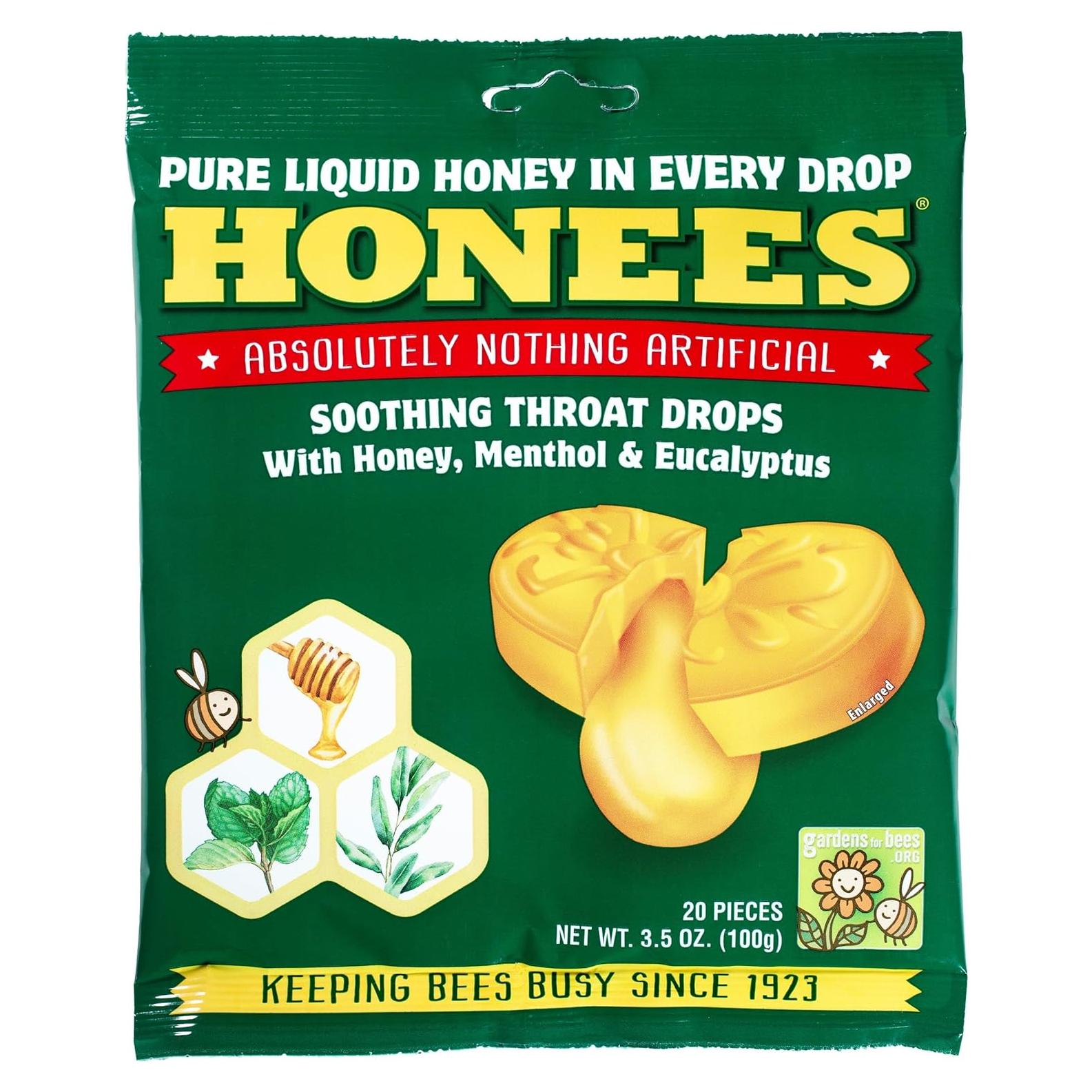 Honees Honey Menthol Cough Drops - 20-Piece, Single Pack Honey-Filled Lozenges | Temporary Relief from Cough | Soothes Sore Throat | All Natural