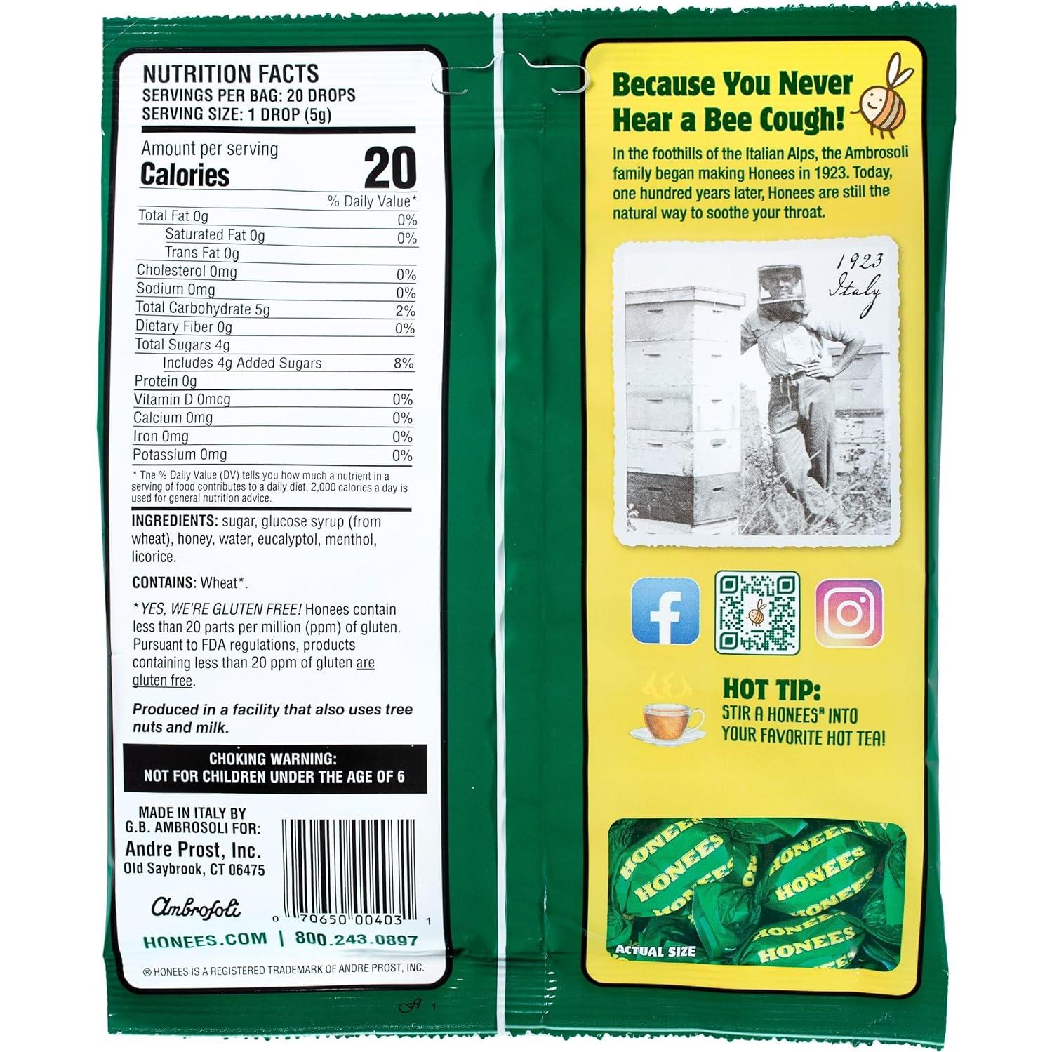 Honees Honey Menthol Cough Drops - 20-Piece, Single Pack Honey-Filled Lozenges | Temporary Relief from Cough | Soothes Sore Throat | All Natural