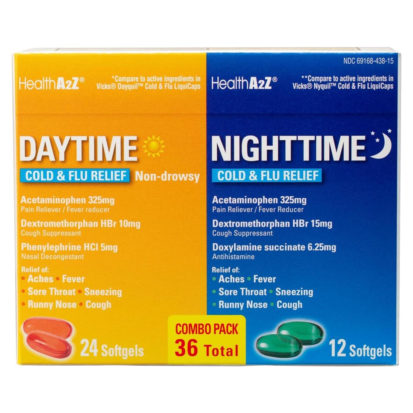 HealthA2Z Medicamento Resfriado y Gripe Día y Noche 36 Cápsulas