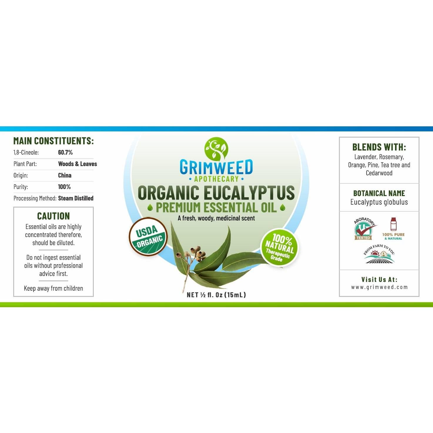 Aceite Esencial de Eucalipto Orgánico Grimweed 15 mL Terapéutico