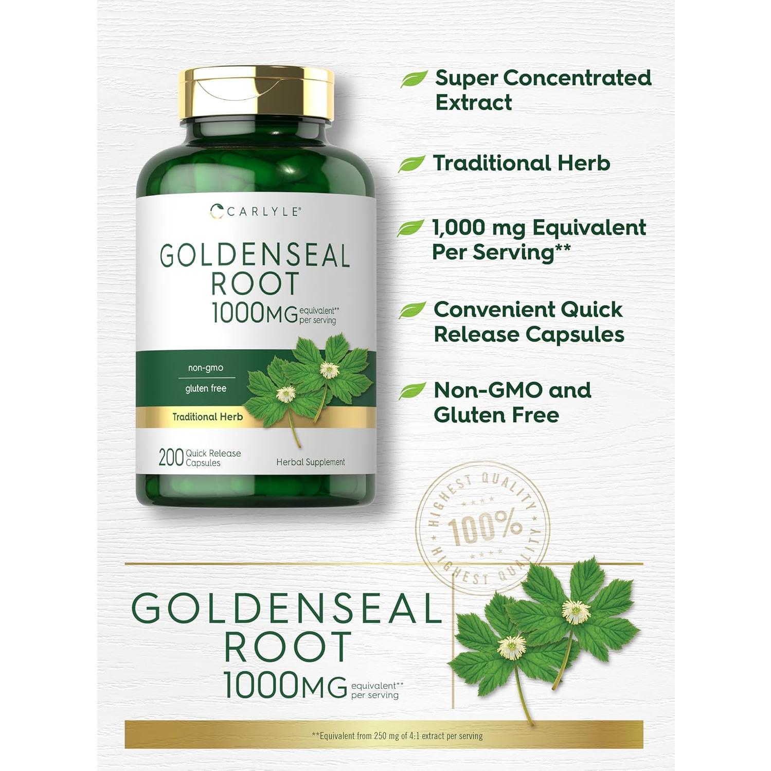 Cápsulas de Goldenseal Carlyle 1000mg | 200 Unidades | Suplemento Herbal