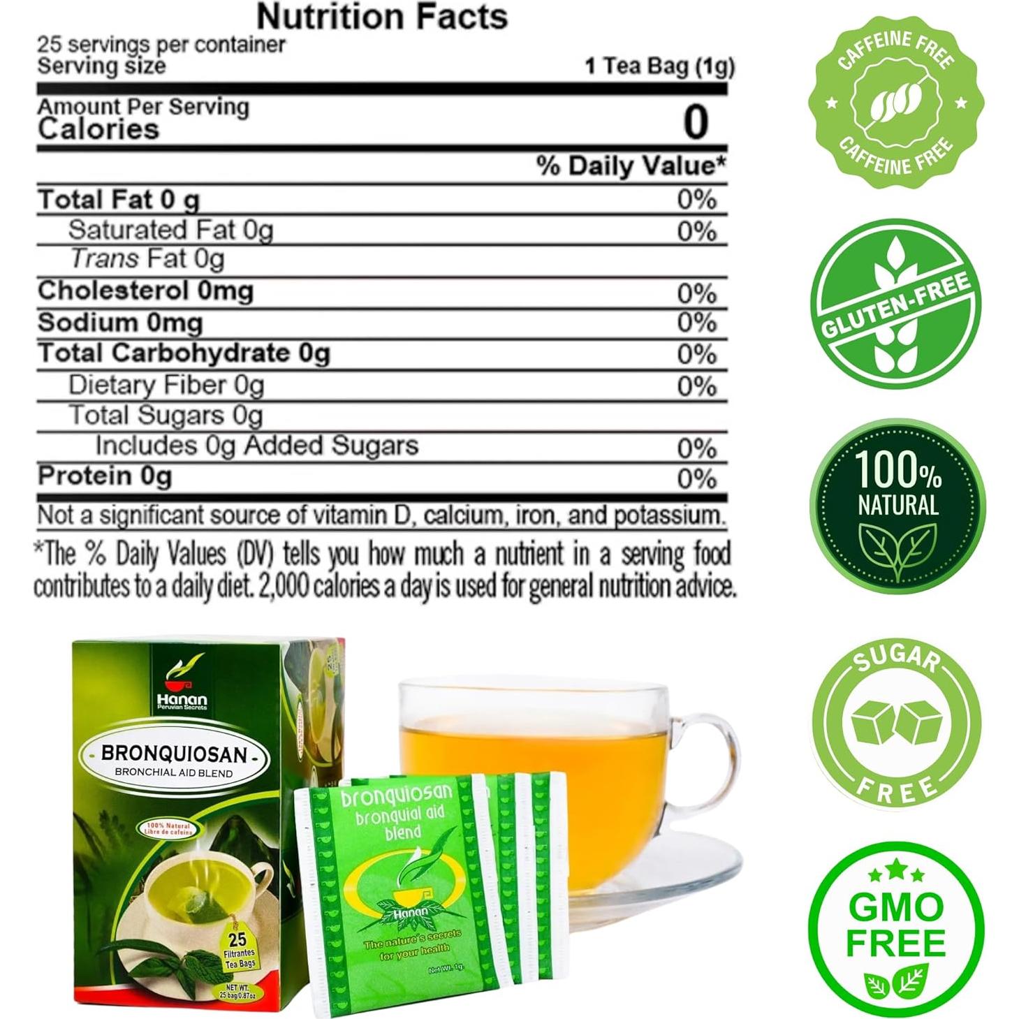 Té Herbal Bronquiosan Hanan 25 Bolsitas Eucalipto y Uña de Gato