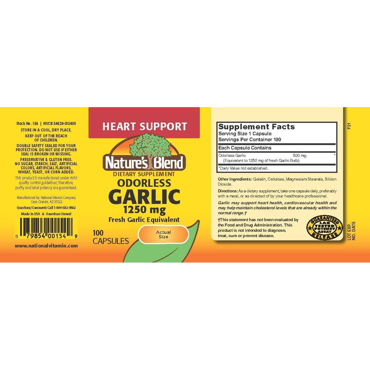 Suplemento Ajo Sin Olor Mezcla Natural 100 Caps 1250 mg