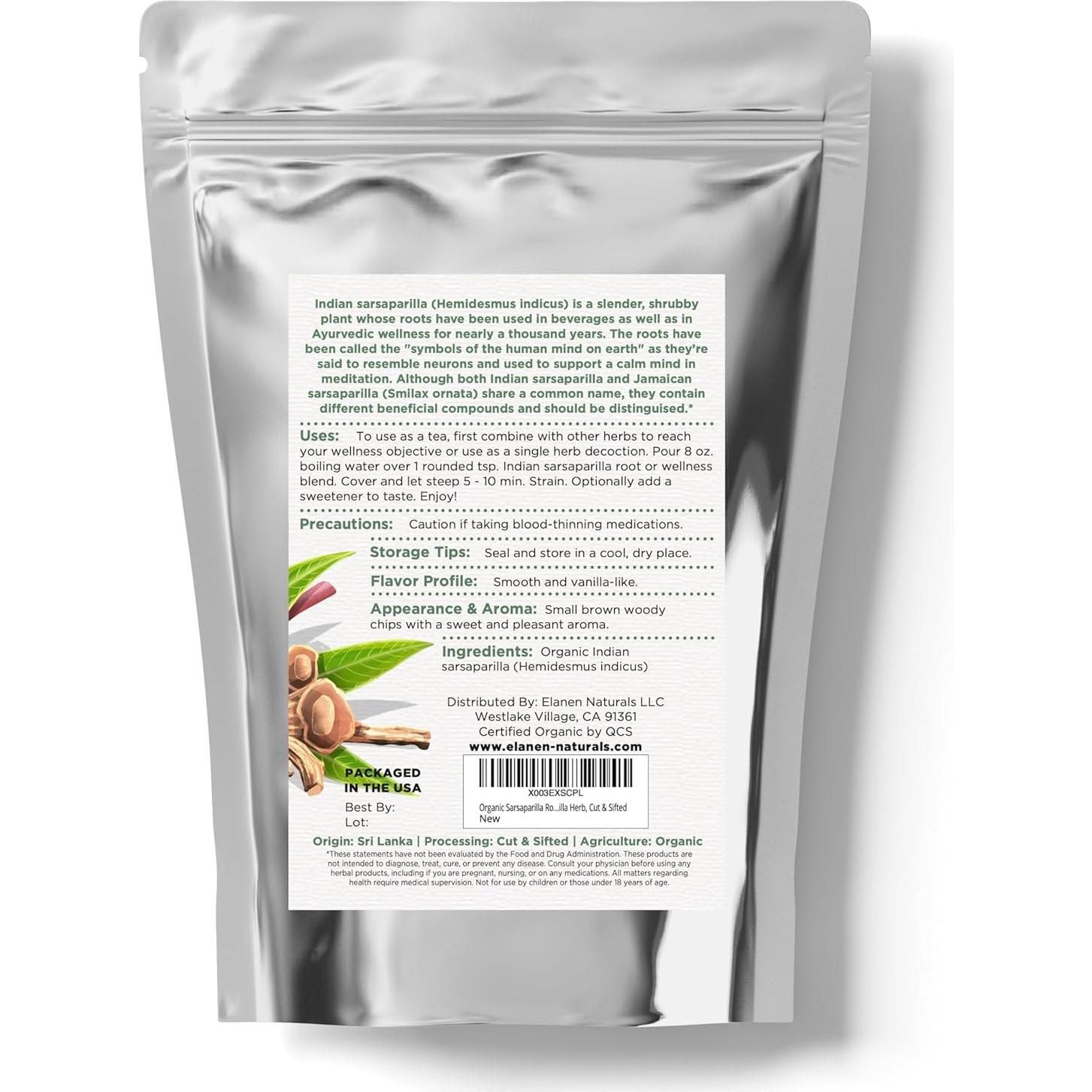 Raíz de Zarzaparrilla Orgánica Elanen Naturals 113g - Té Ayurvédico