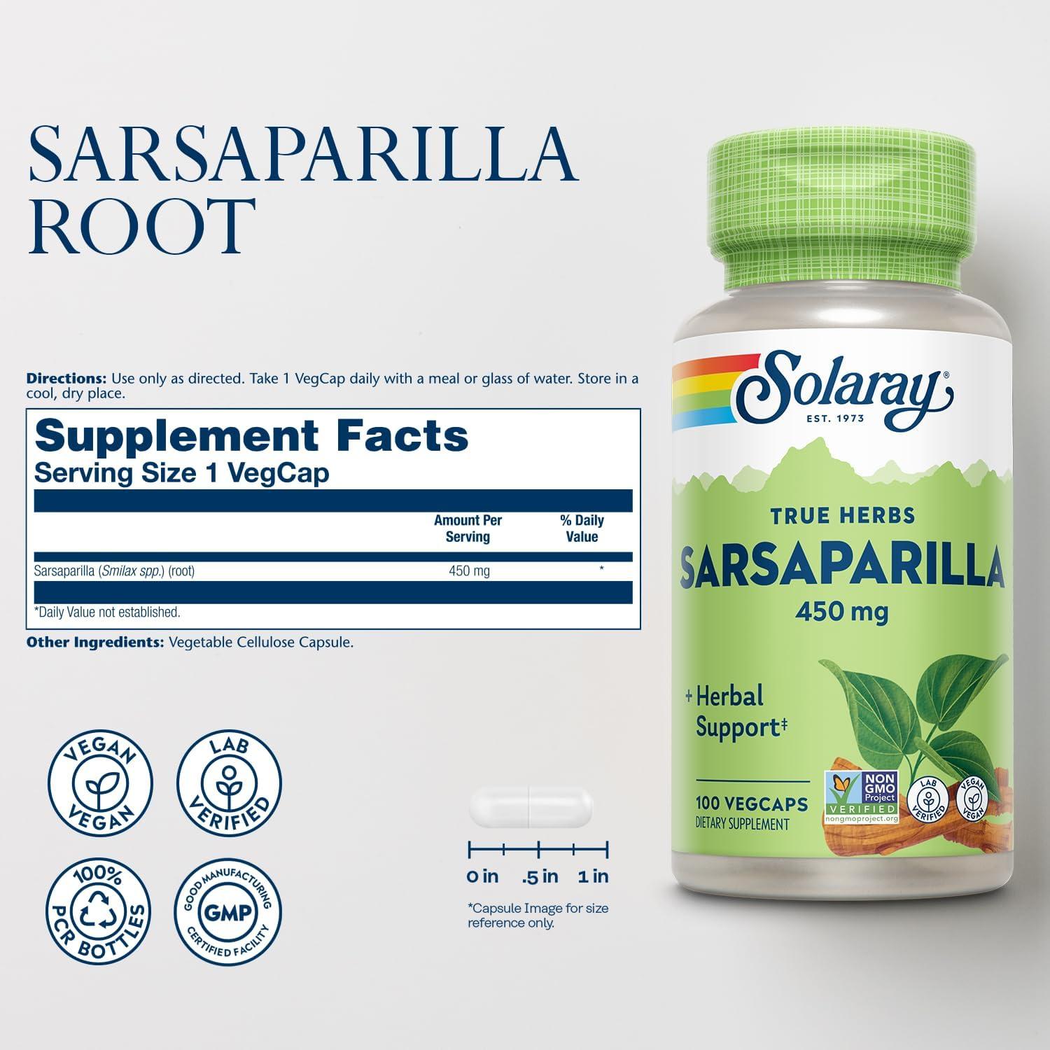 Raíz de Sarsaparilla 450 mg SOLARAY - 100 VegCaps Ecológicas