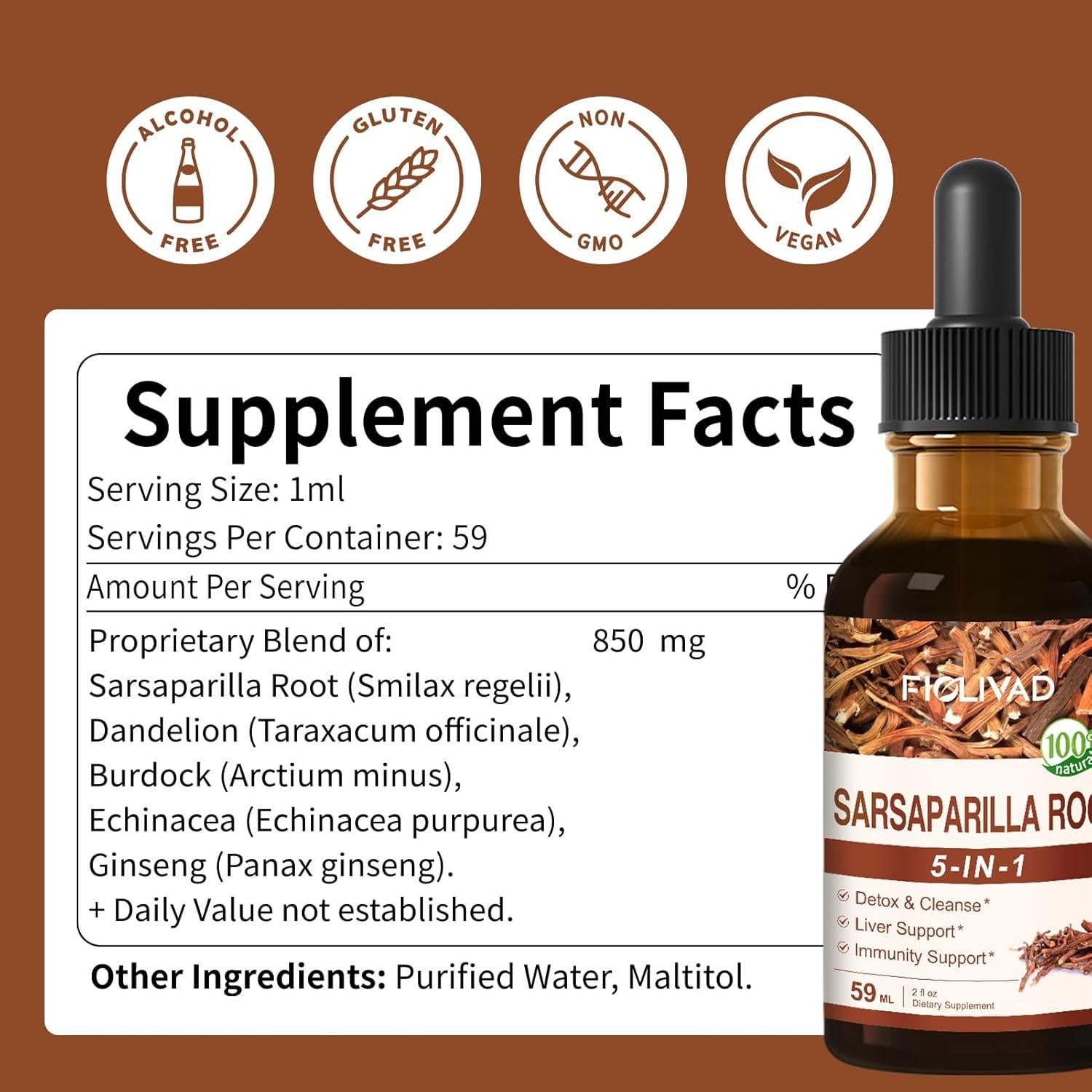 Gotas de Raíz de Sarsaparilla FIOLIVAD 59ml - Desintoxicación Hepática