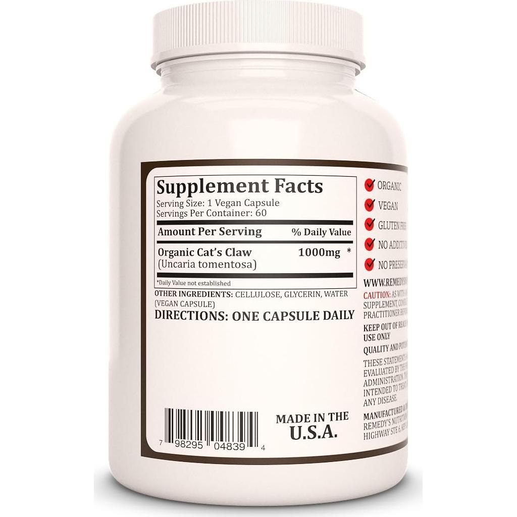 Cápsulas de Uña de Gato Remedy's Nutrition 1000 mg - 60 Veganas