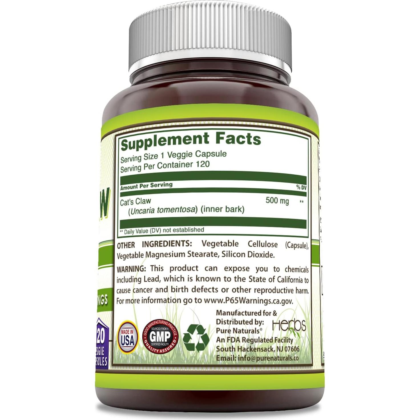 Garras de Gato Pure Naturals 500 mg 120 Cápsulas Suplemento