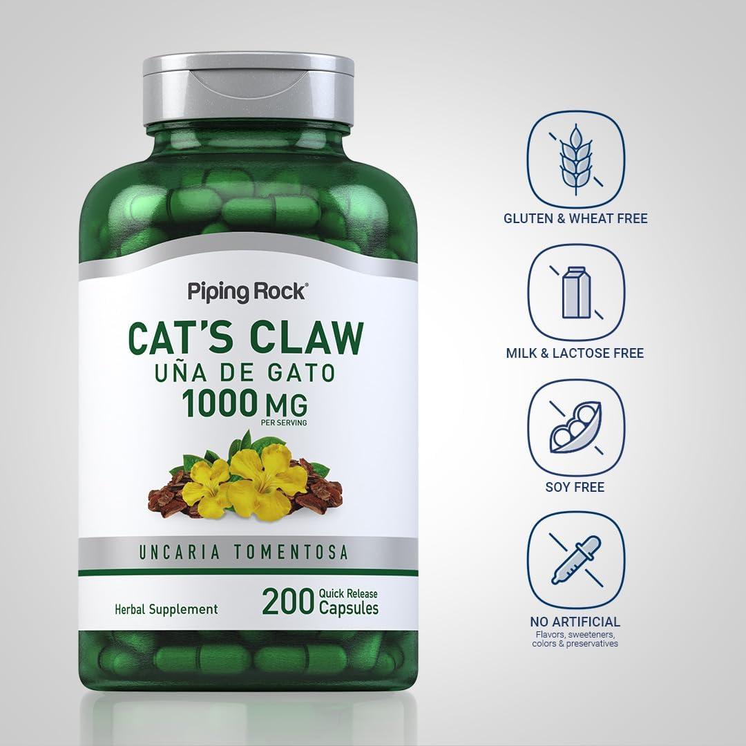 Cápsulas de Una de Gato Piping Rock 1000mg - 200 Unidades - Sin OGM