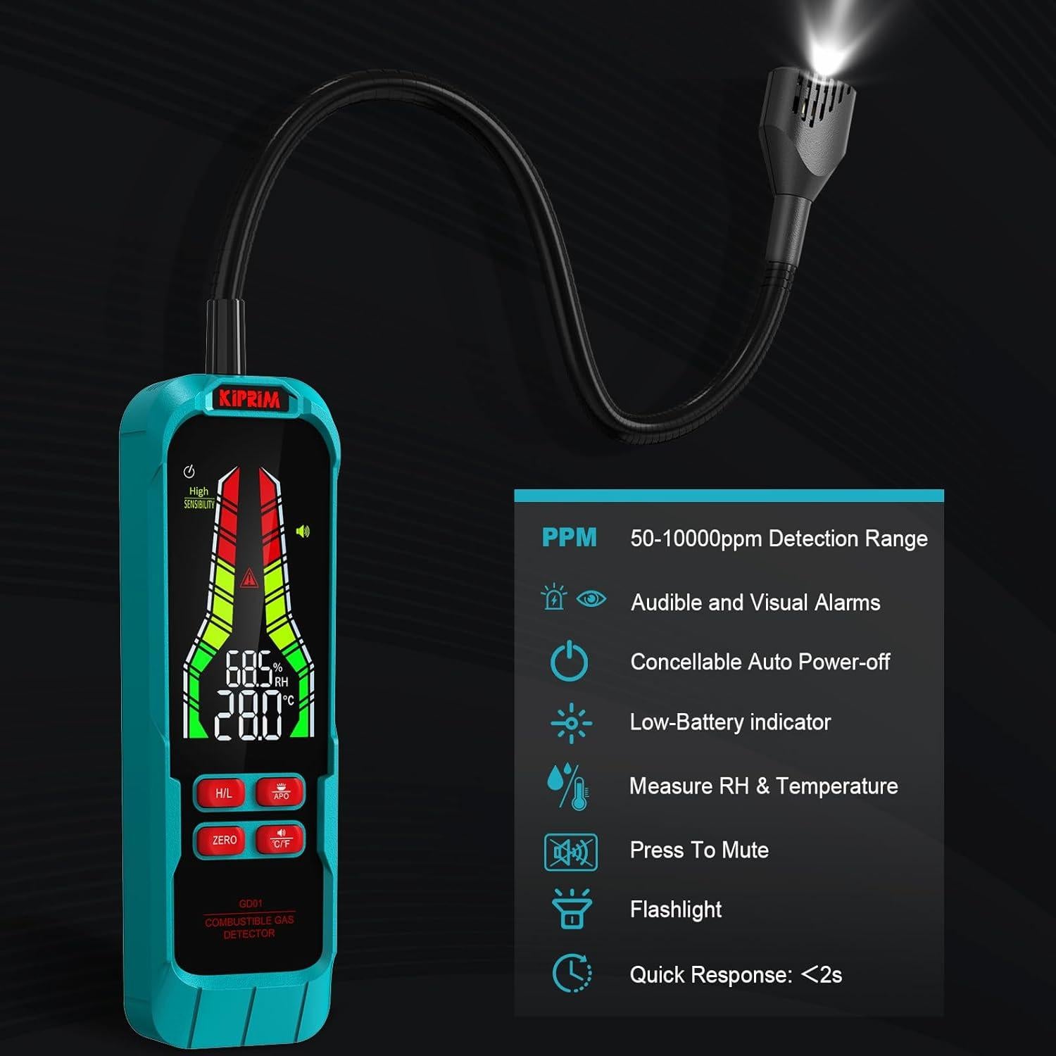 Detector de Fugas de Gas Kiprim GD01 con Sonda Flexible 23.9 cm