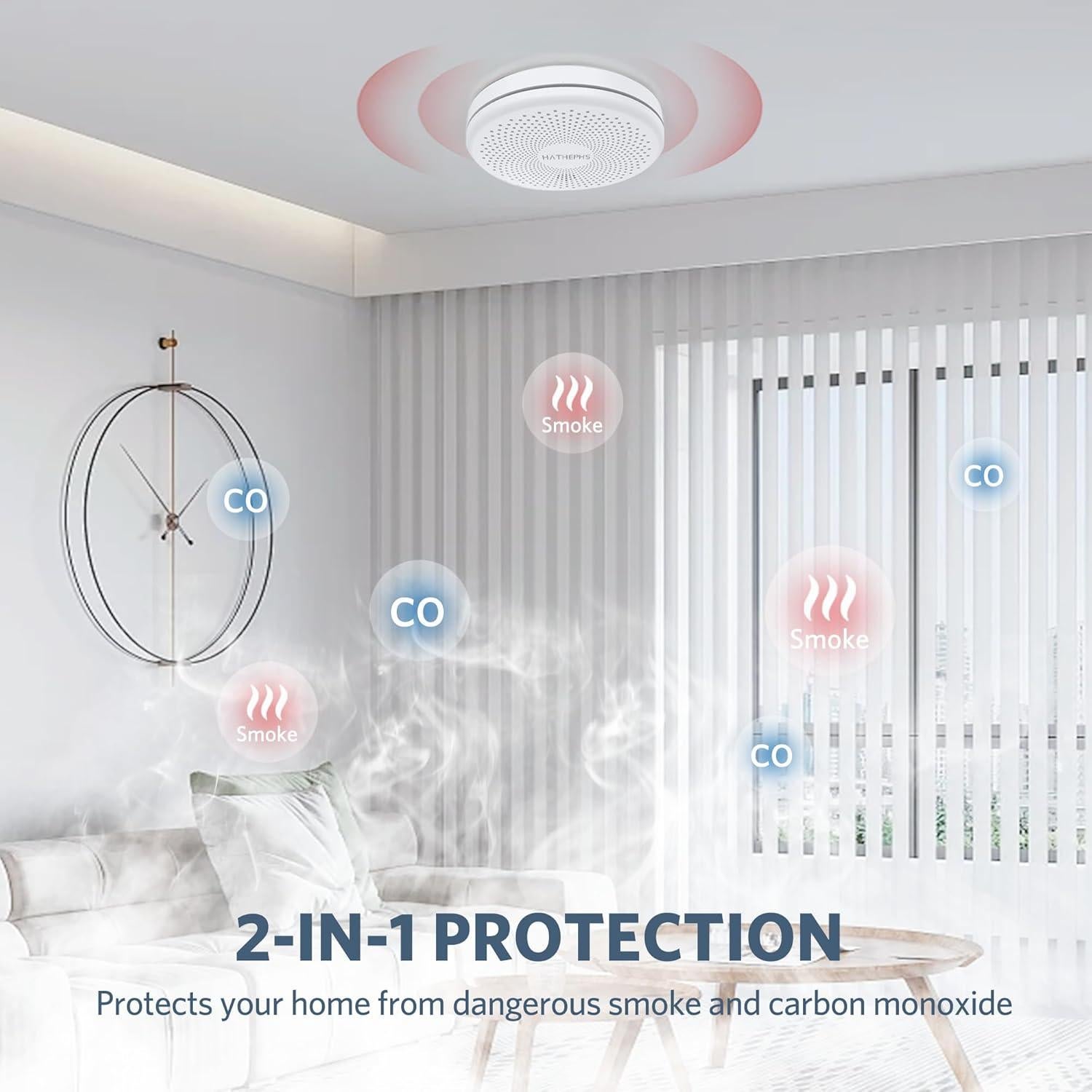 Detector de Humo y Monóxido de Carbono HATHEPHS 10 Años
