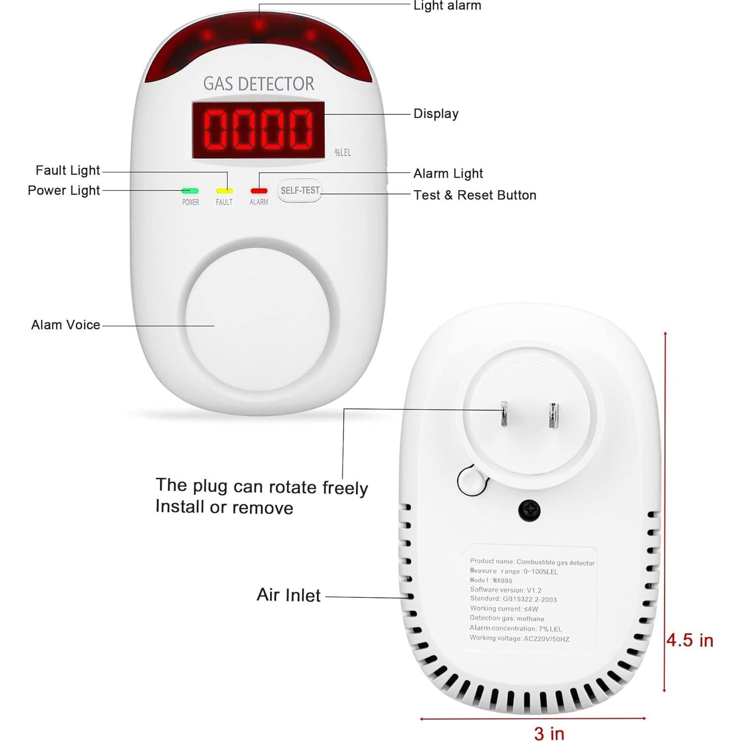 Detector de Gas Natural Hembisen WA886 - 3 Paquetes, Alarma 85dB