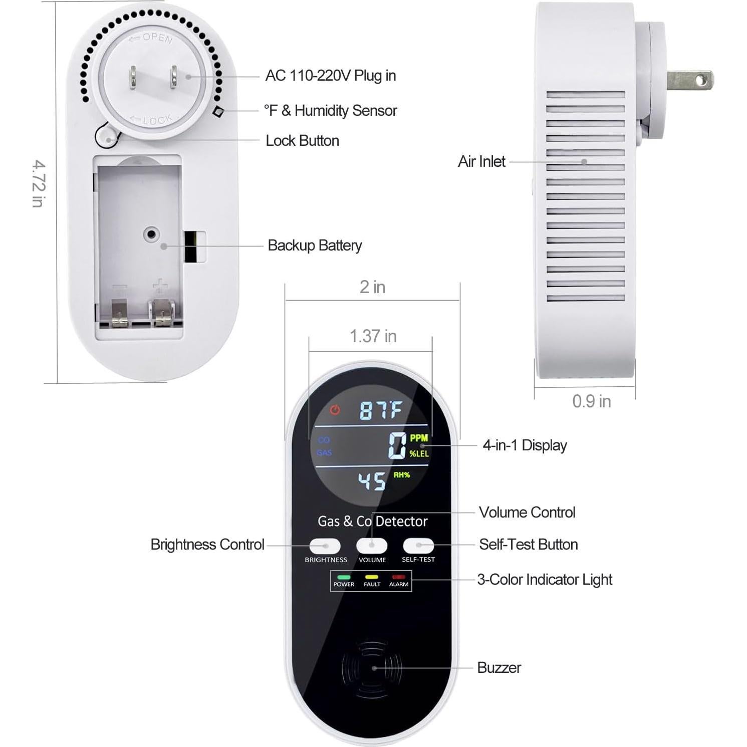 Detector de Monóxido de Carbono y Gas KH Alert 5 en 1