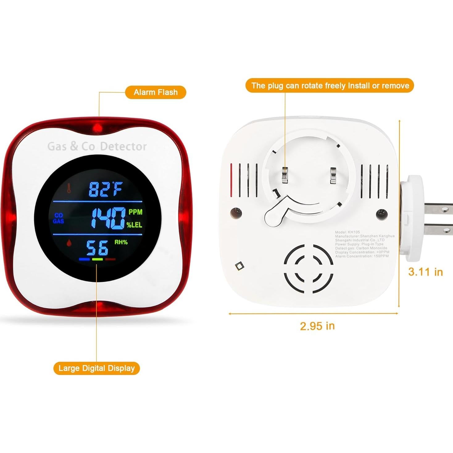 Detector de Gas y Monóxido de Carbono Awatin KH156 Enchufable 4-en-1