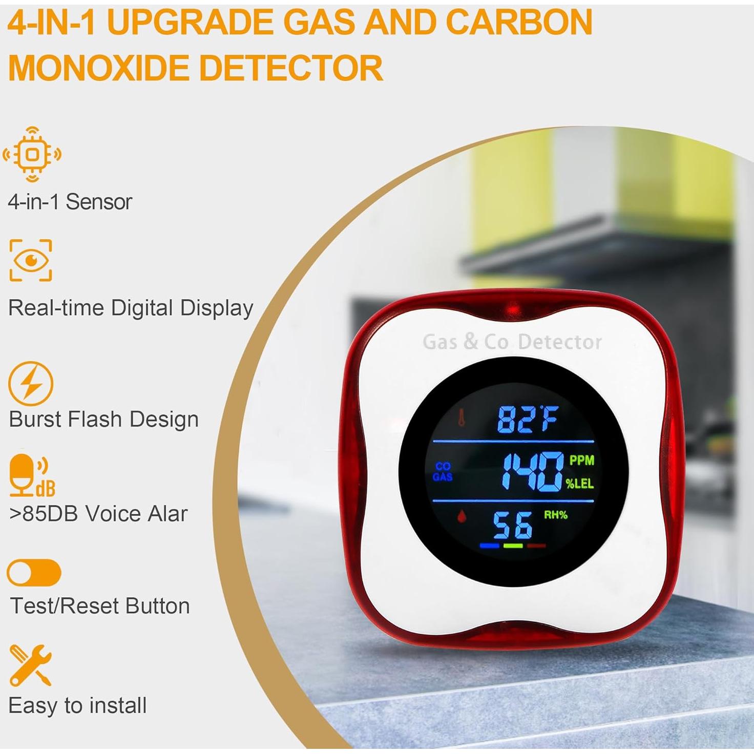 Detector de Gas y Monóxido de Carbono Awatin KH156 Enchufable 4-en-1