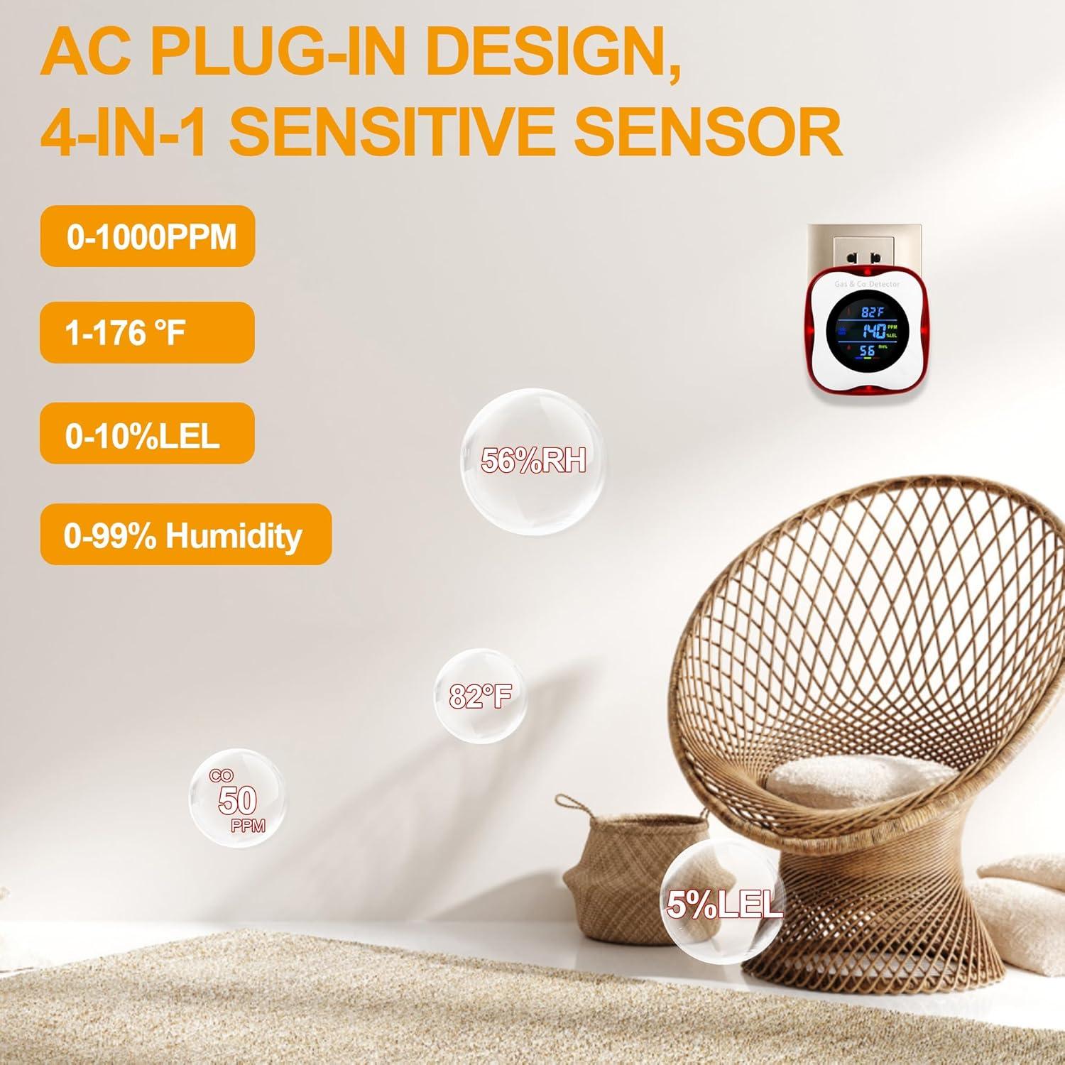 Detector de Gas y Monóxido de Carbono Awatin KH156 Enchufable 4-en-1