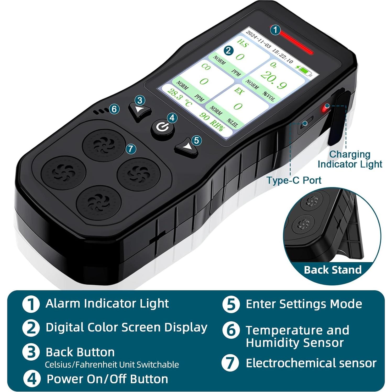 Detector de Gas Multi Gas ZYKYCX ZY-G4 4 en 1 Recargable