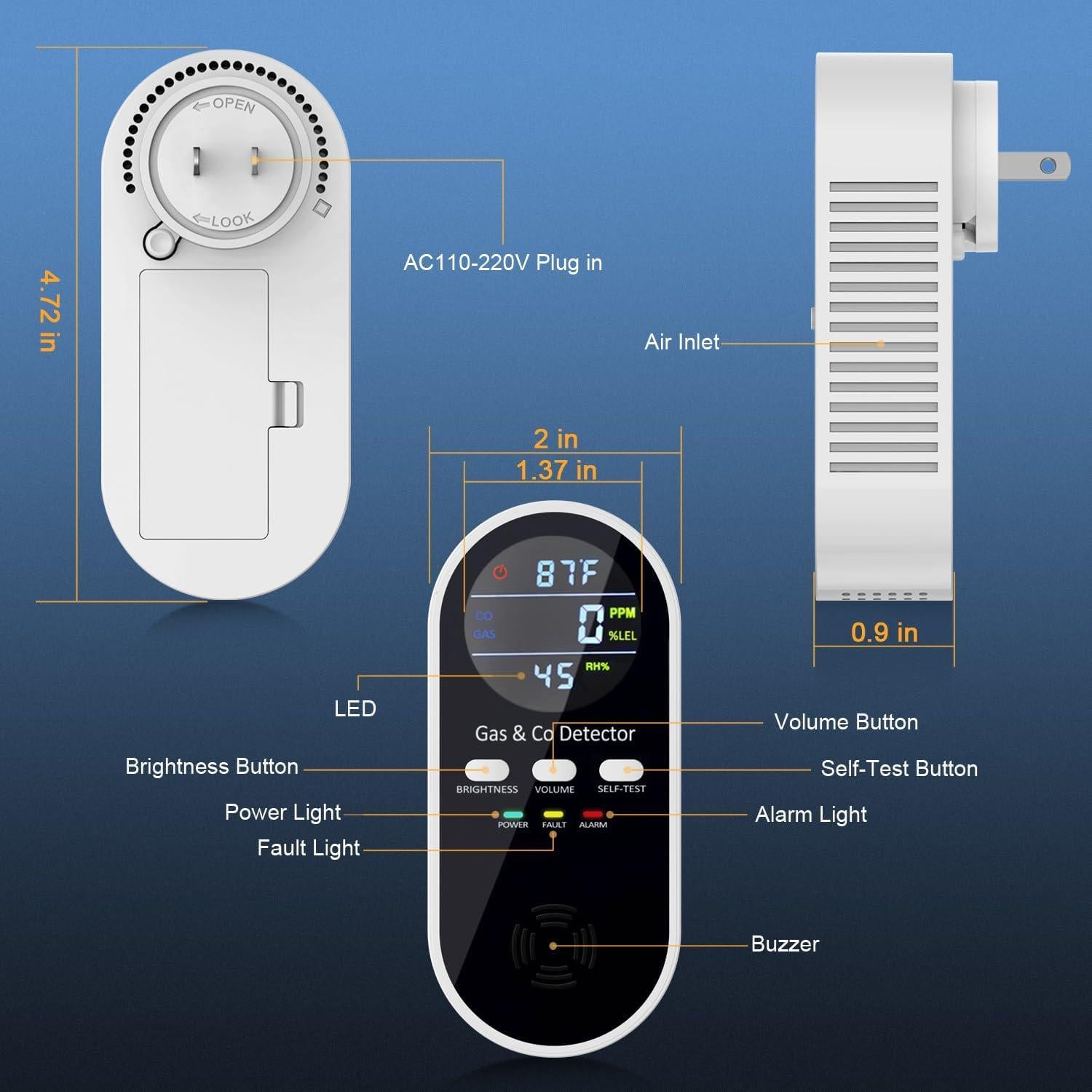 Detector de Gas y Monóxido de Carbono FLUNGSKY 5 en 1