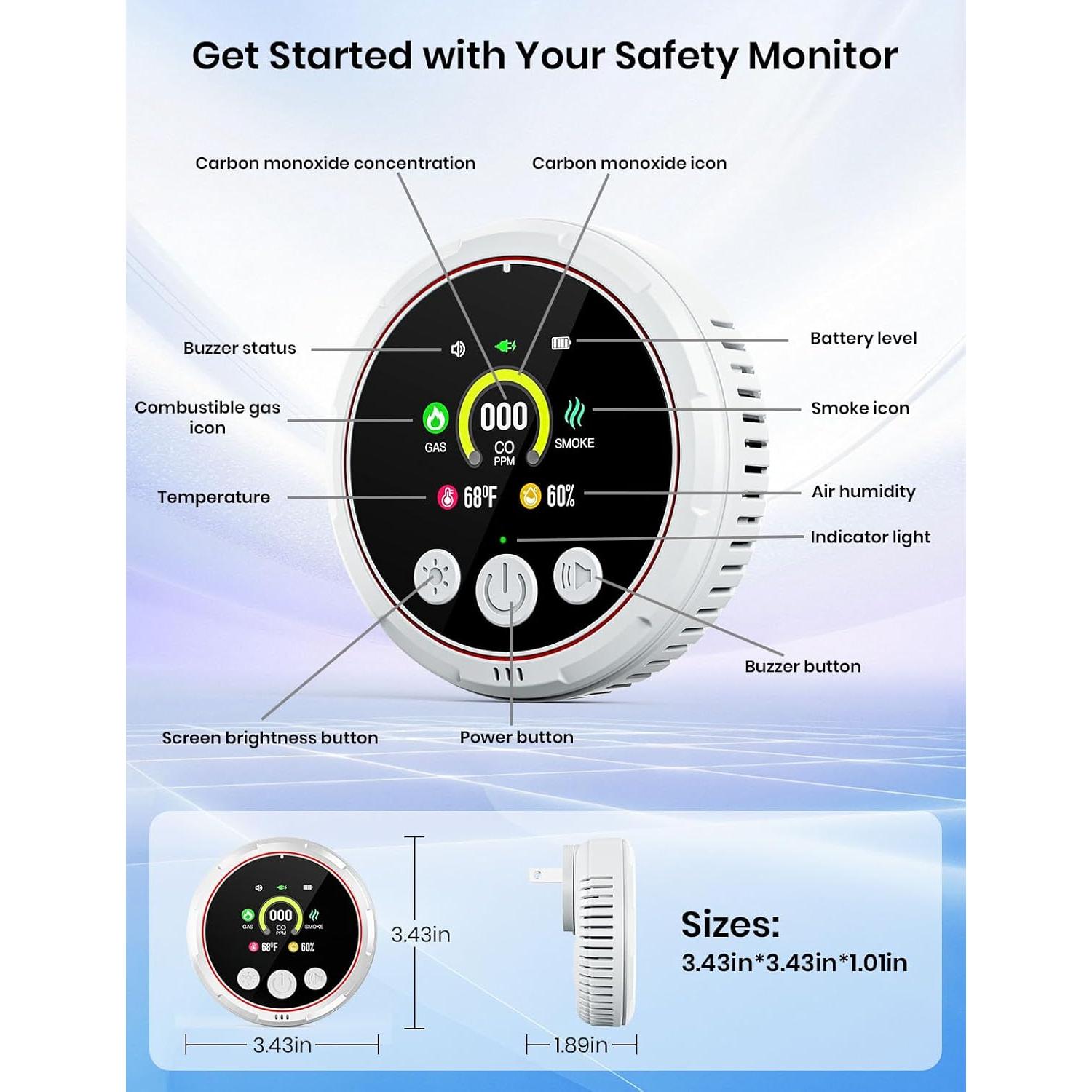 Detector de Monóxido de Carbono 5-en-1 TLMUSE - Humo, Gas, Temp, Humedad