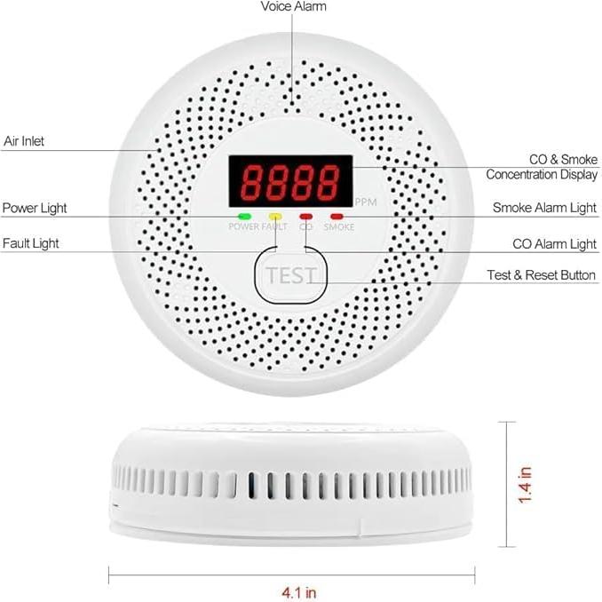 Detector de Monóxido de Carbono y Humo Vzmcov 6 Pack LCD