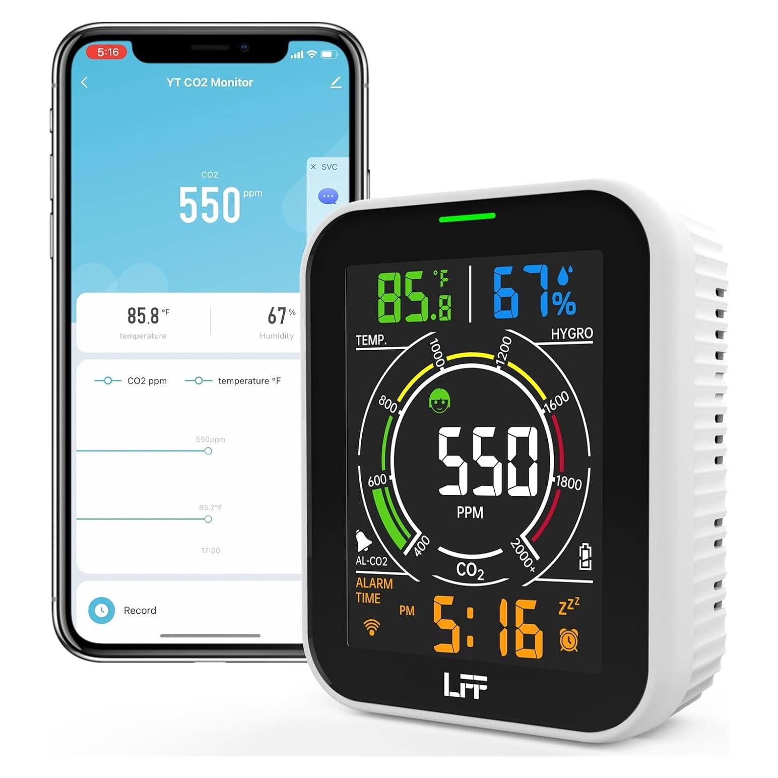 Detector de CO2 LFF Wi-Fi 4 en 1 con Alarma y Pantalla LCD
