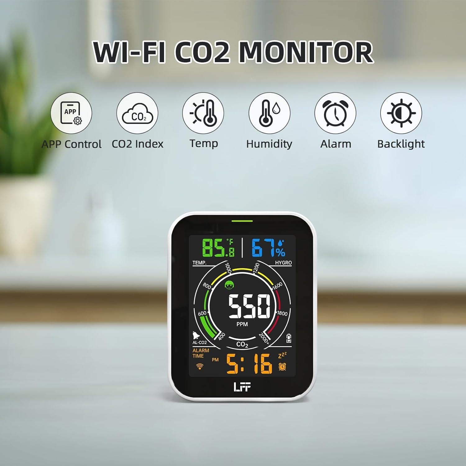 Detector de CO2 LFF Wi-Fi 4 en 1 con Alarma y Pantalla LCD