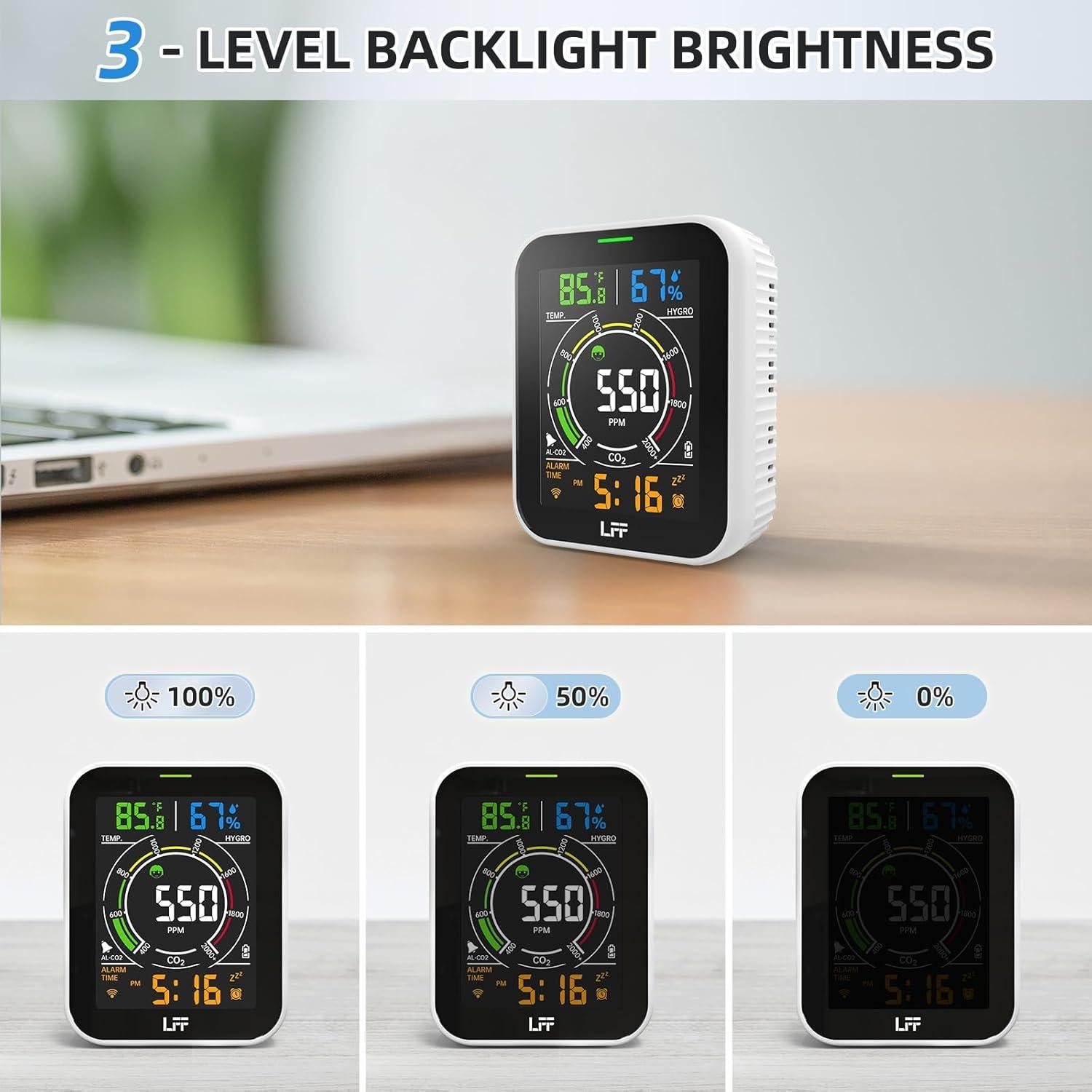 Detector de CO2 LFF Wi-Fi 4 en 1 con Alarma y Pantalla LCD