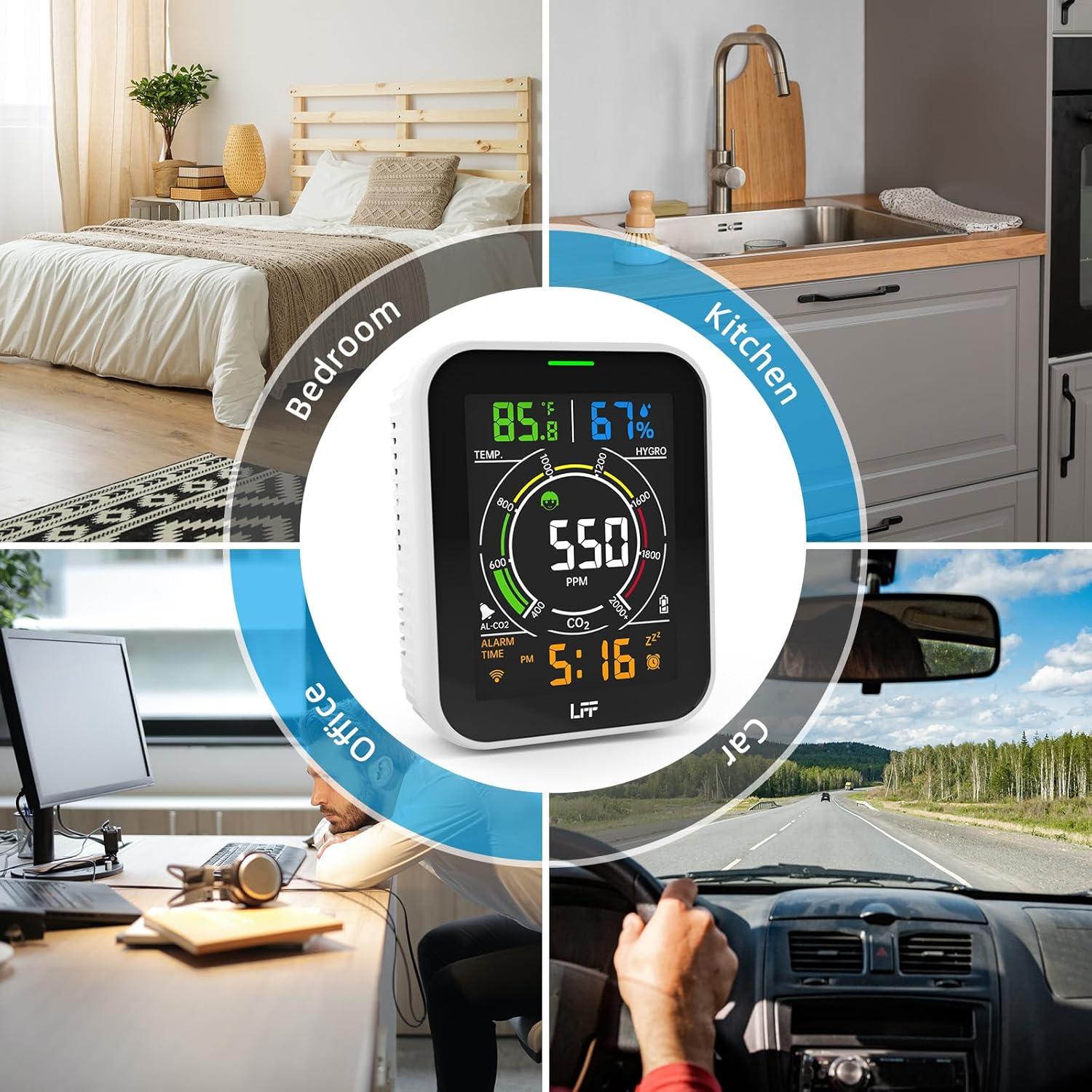 Detector de CO2 LFF Wi-Fi 4 en 1 con Alarma y Pantalla LCD