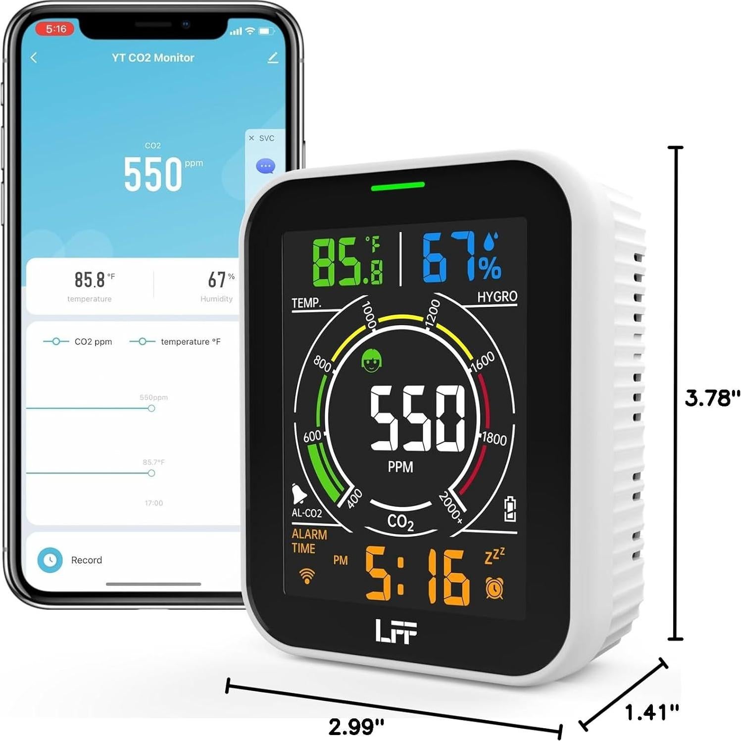 Detector de CO2 LFF Wi-Fi 4 en 1 con Alarma y Pantalla LCD