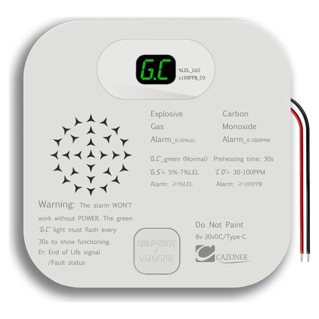 Alarma de Monóxido de Carbono y Gas CAZONER GC580 10 Años