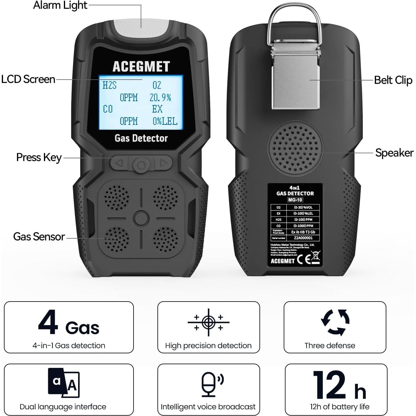 Detector de Gas ACEGMET 4 Gases H2S, O2, CO, LEL Recargable