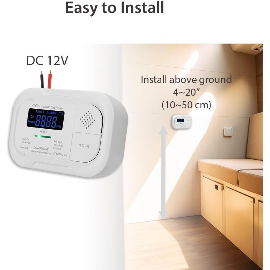 RV Carbon Monoxide & Propane Dual Gas Detector - Surface Mount - Hard-Wired DC 12V, Large LCD Display, 85dB Loud Alarm, Easy Reset/Test Button - Ultimate Safety for Your Adventures (White)