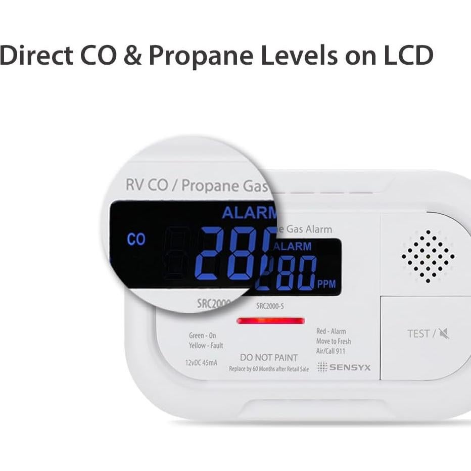 RV Carbon Monoxide & Propane Dual Gas Detector - Surface Mount - Hard-Wired DC 12V, Large LCD Display, 85dB Loud Alarm, Easy Reset/Test Button - Ultimate Safety for Your Adventures (White)