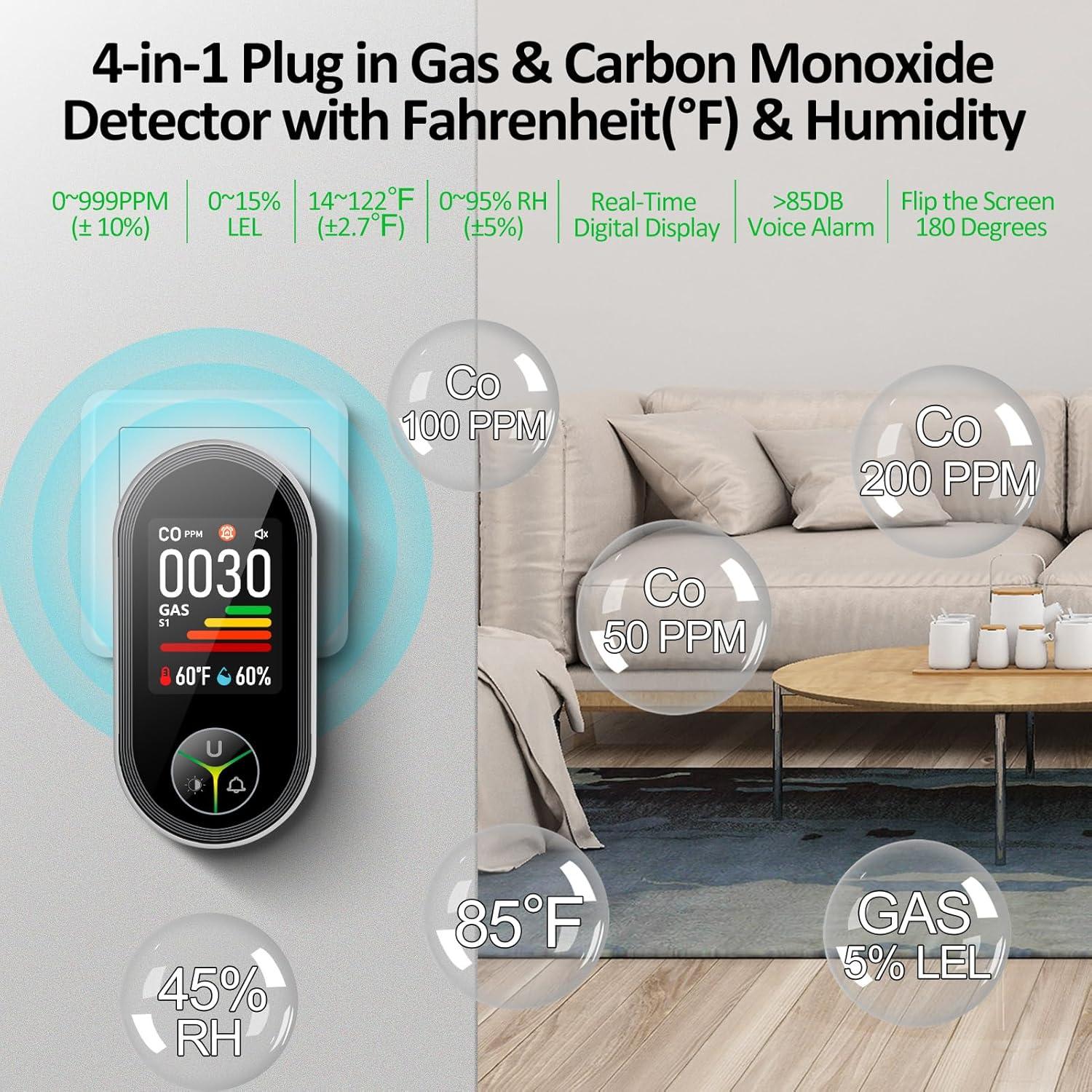 Detector de Monóxido de Carbono y Gas Kalawen 4-en-1 Enchufable