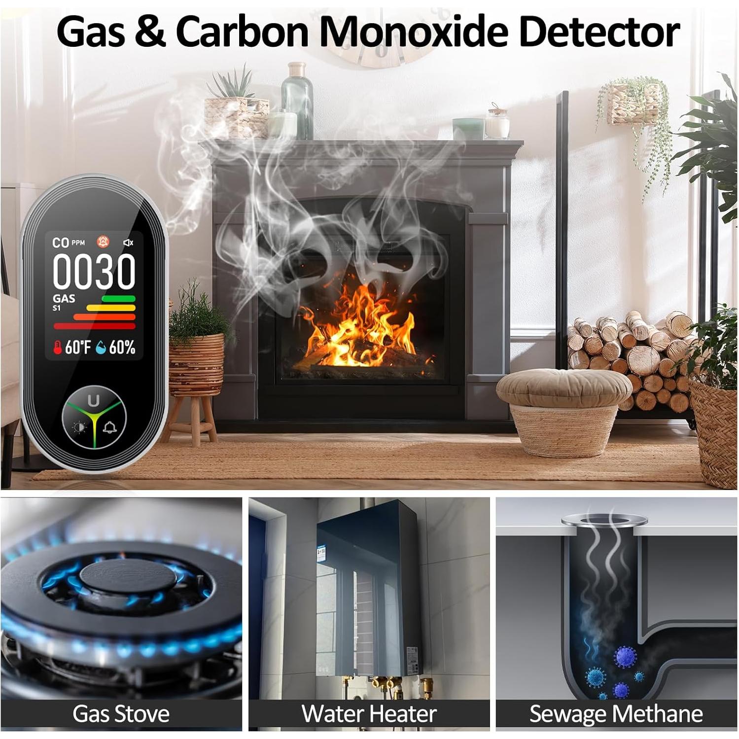 Detector de Monóxido de Carbono y Gas Kalawen 4-en-1 Enchufable