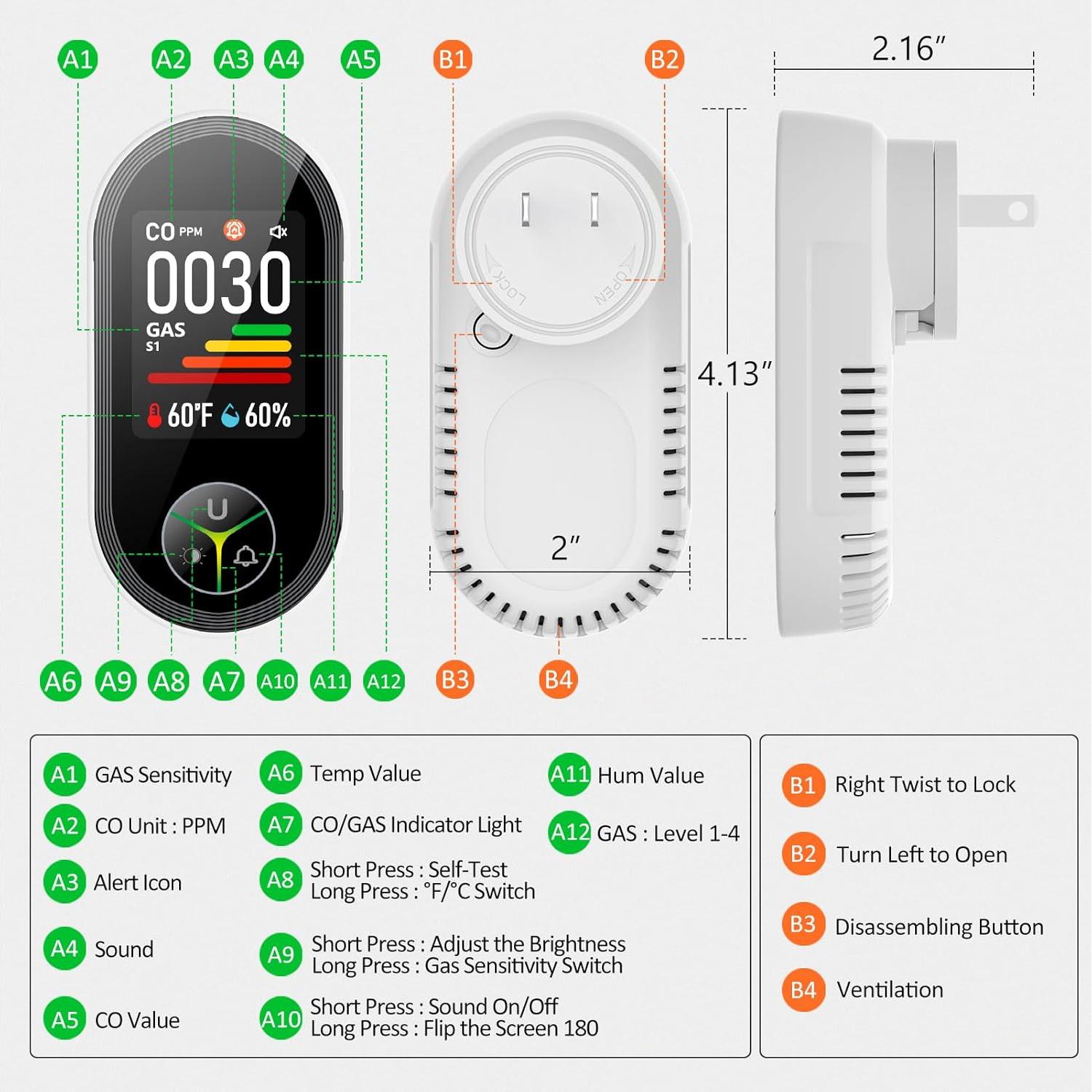 Detector de Monóxido de Carbono y Gas Kalawen 4-en-1 Enchufable