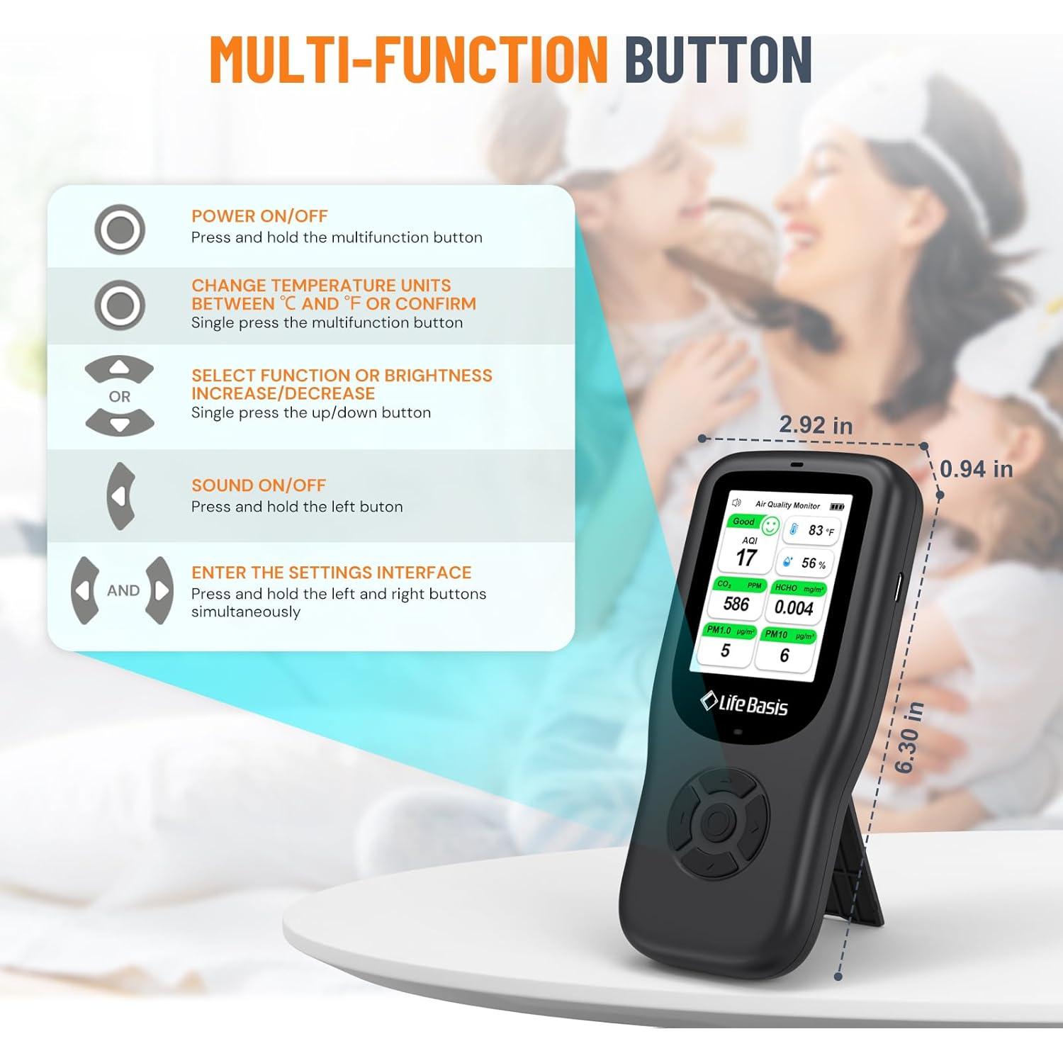 Monitor de Calidad del Aire LifeBasis 11-en-1 Portátil Negro