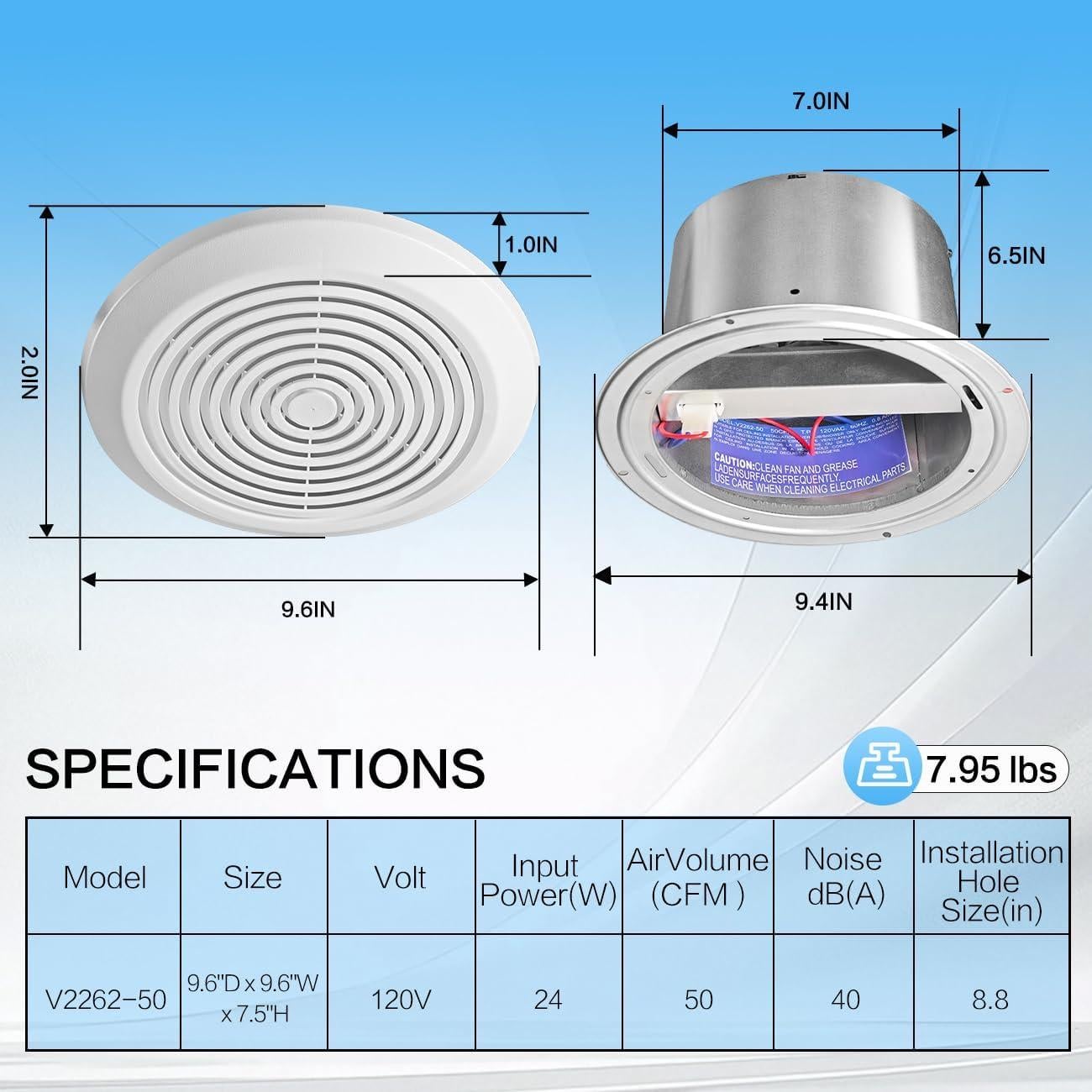 Ventilador Extractor de Baño Zeikiwe PQS-Z 7" 50 CFM Silencioso