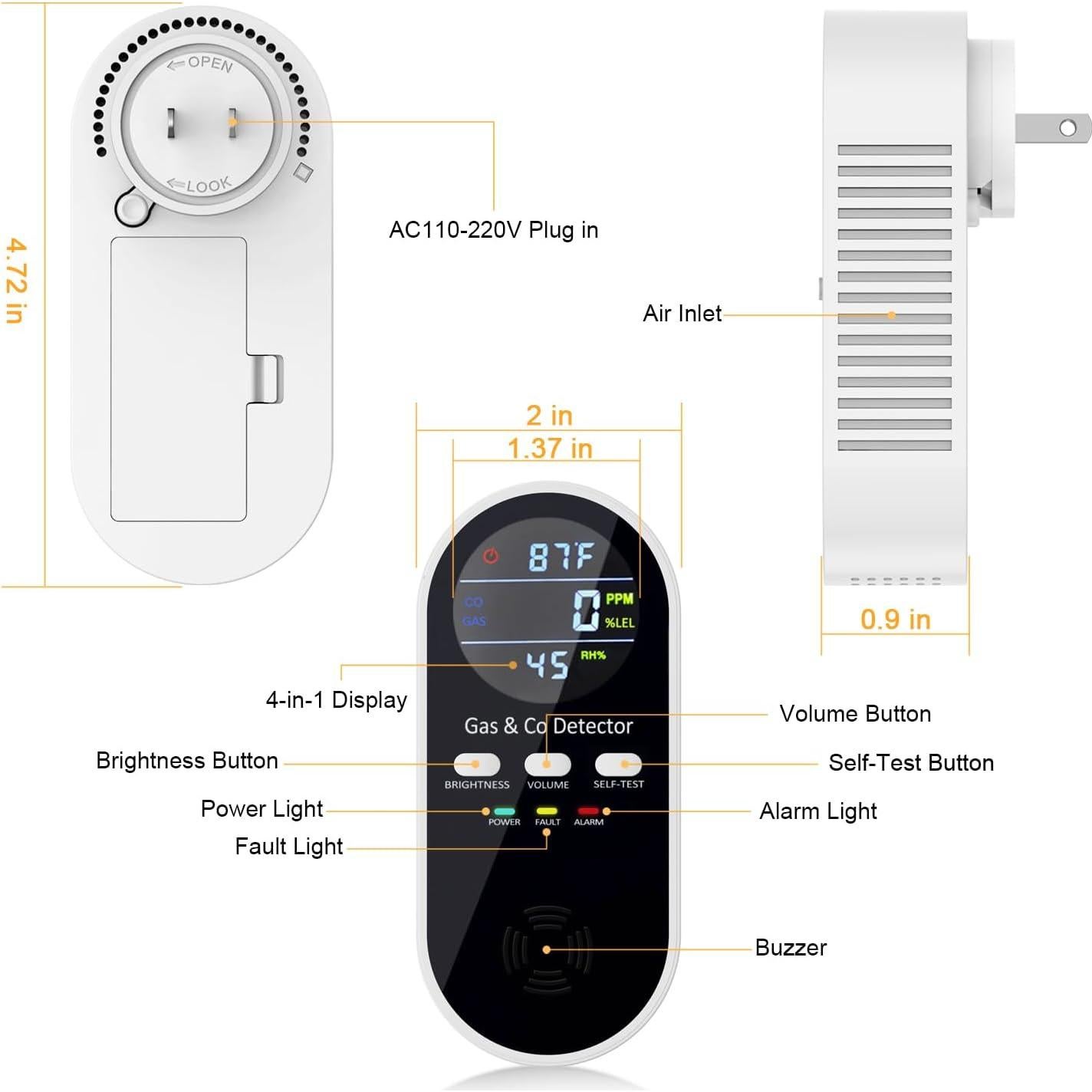 Detector de Monóxido de Carbono y Gas CHENGHEM 4 en 1 Enchufable