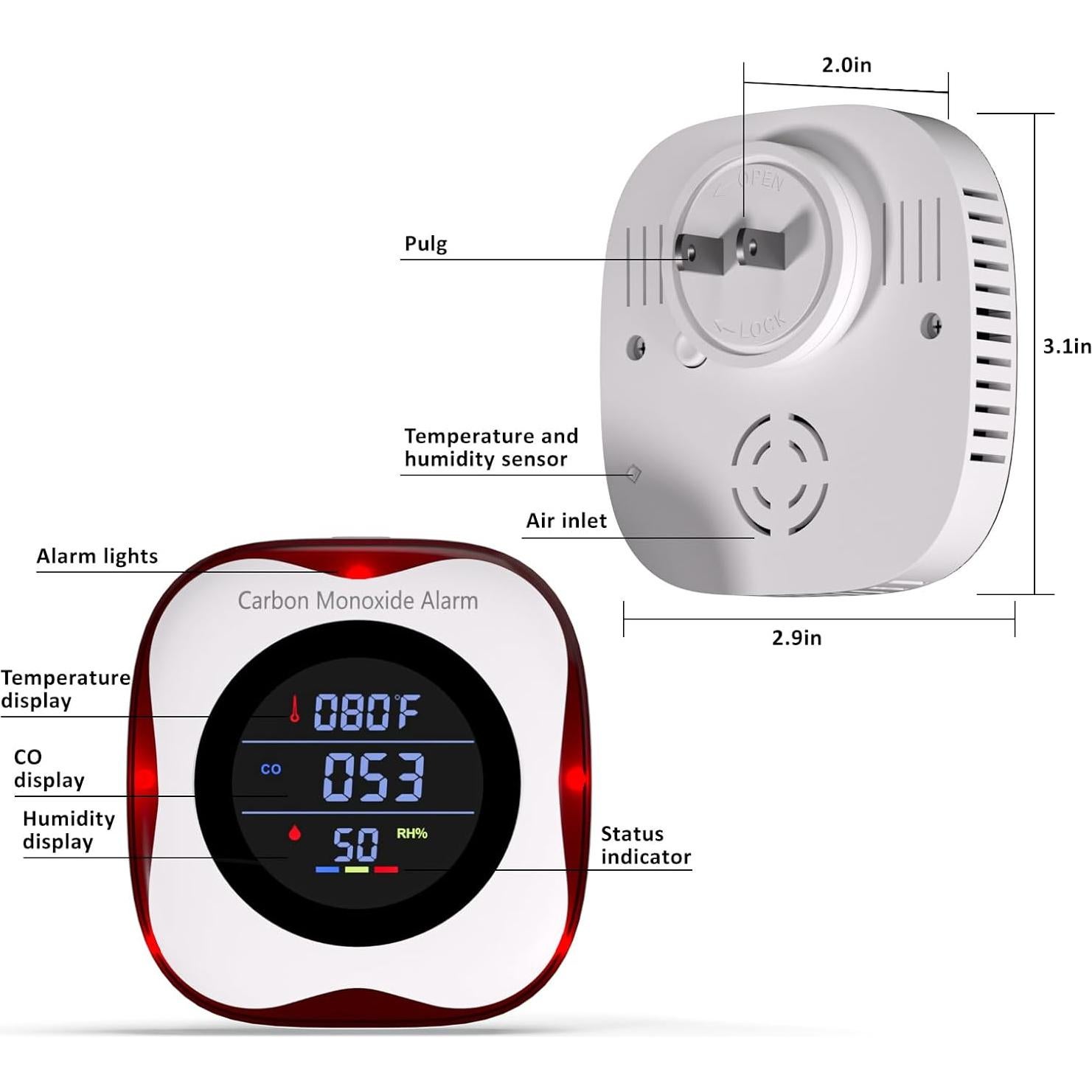 Detector de Monóxido de Carbono TEYUAN 3 en 1 con Pantalla LCD