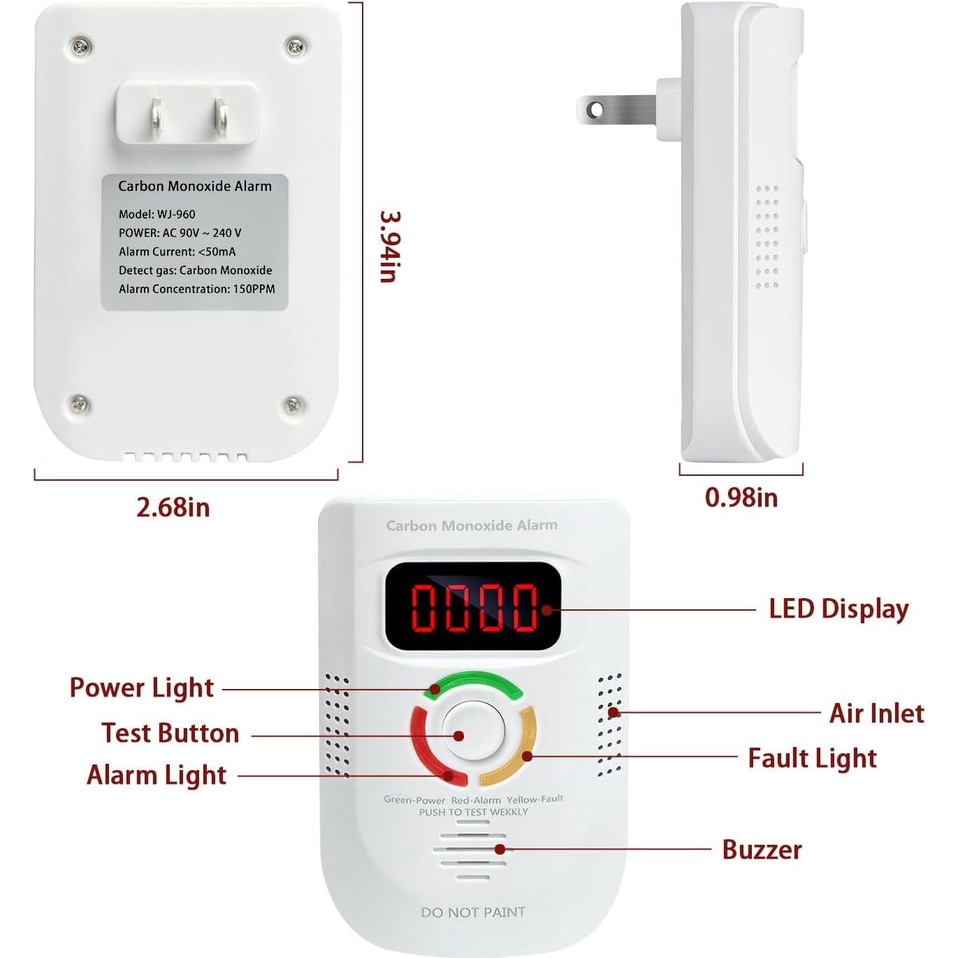 Detector de Monóxido de Carbono Enchufable WOOWME WJ-CO960 con Pantalla LED