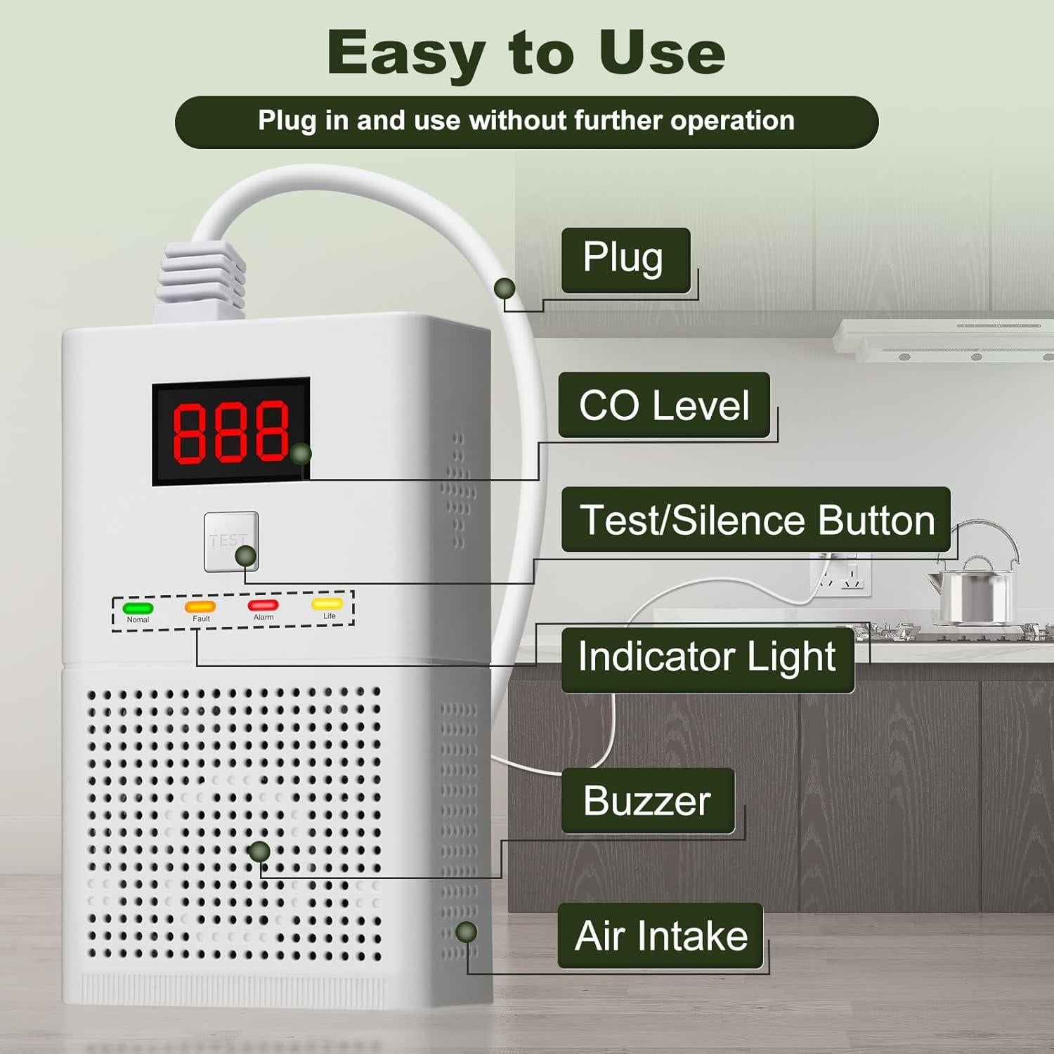 Detector de Monóxido de Carbono WGRLIT 308 - Alarma 85dB