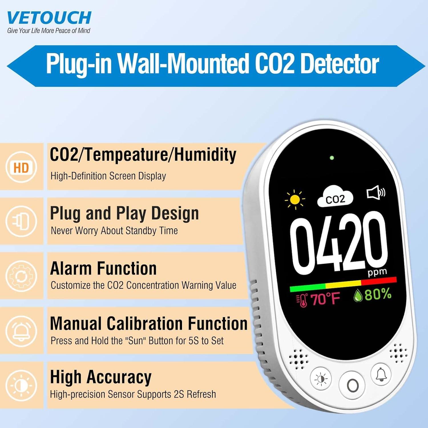 Detector de CO2 VETOUCH 3 en 1 con Alarma y Calibración
