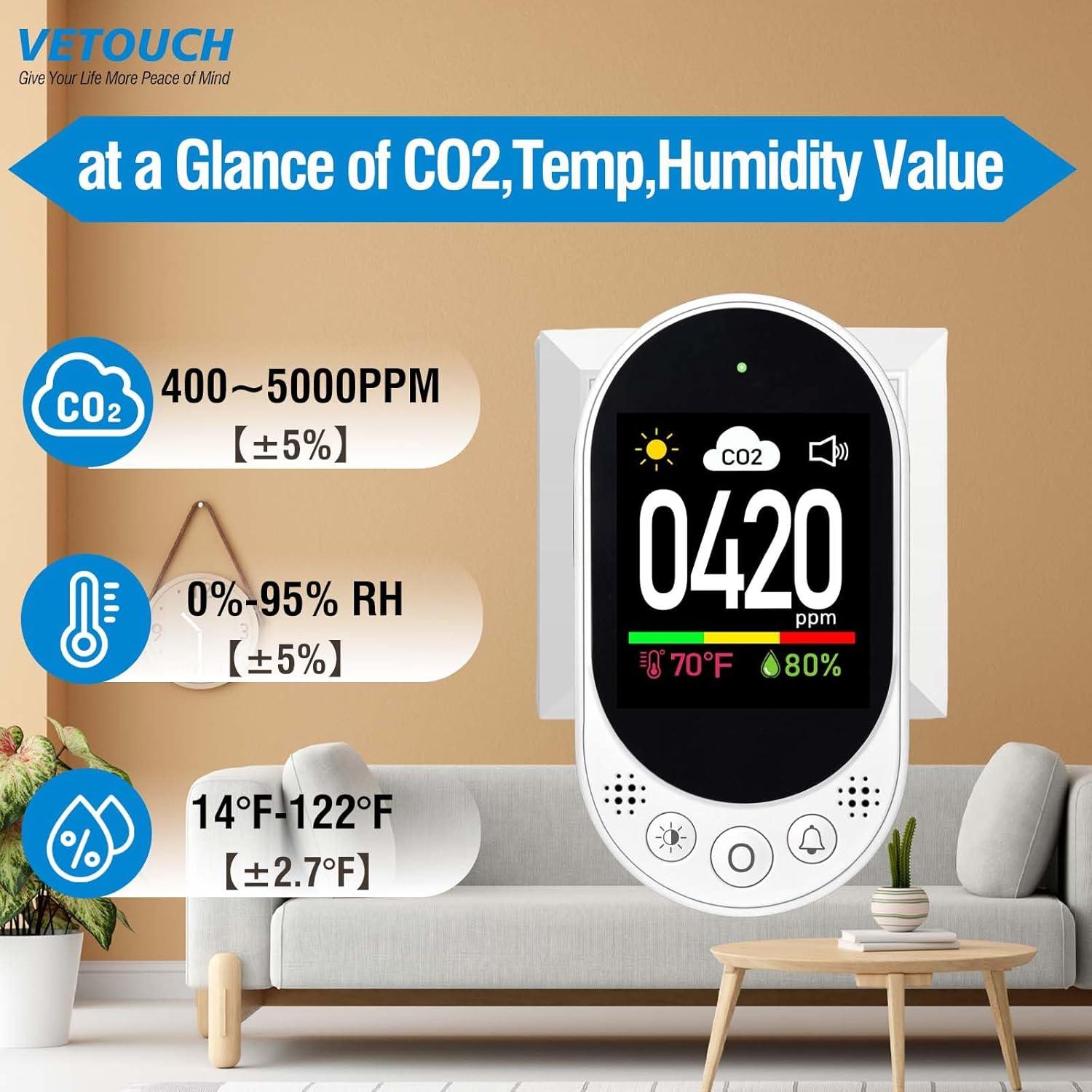 Detector de CO2 VETOUCH 3 en 1 con Alarma y Calibración