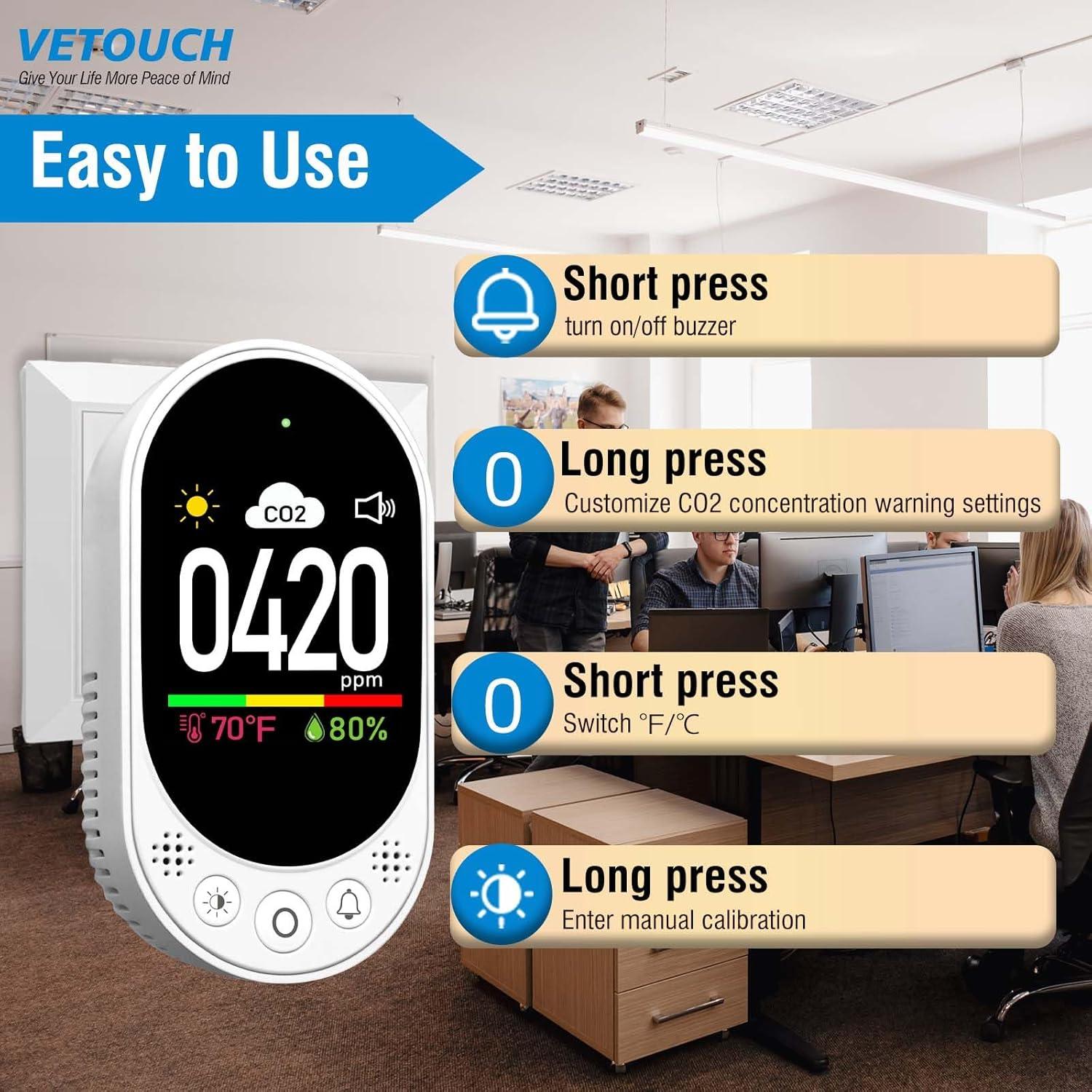 Detector de CO2 VETOUCH 3 en 1 con Alarma y Calibración