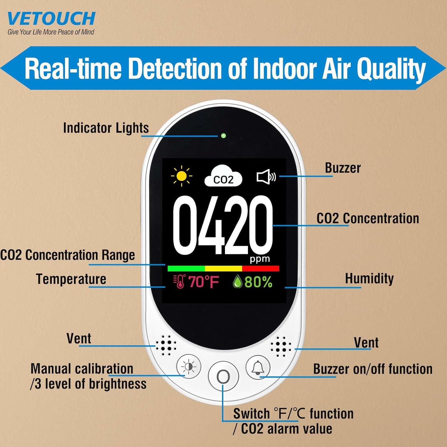 Detector de CO2 VETOUCH 3 en 1 con Alarma y Calibración
