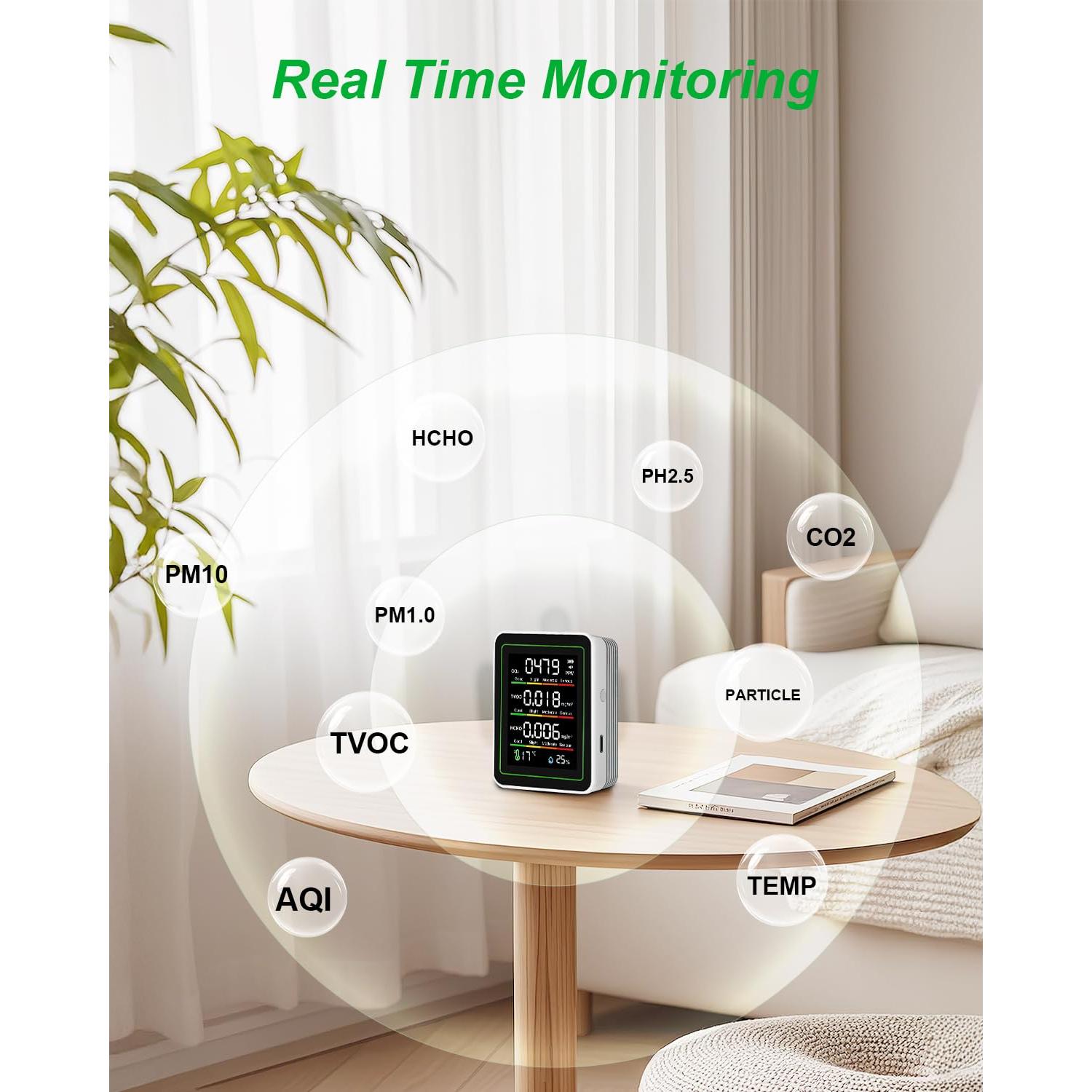 Monitor de Calidad del Aire 5 en 1 Fegerman - CO2, HCHO, TVOC, Temp, Hum