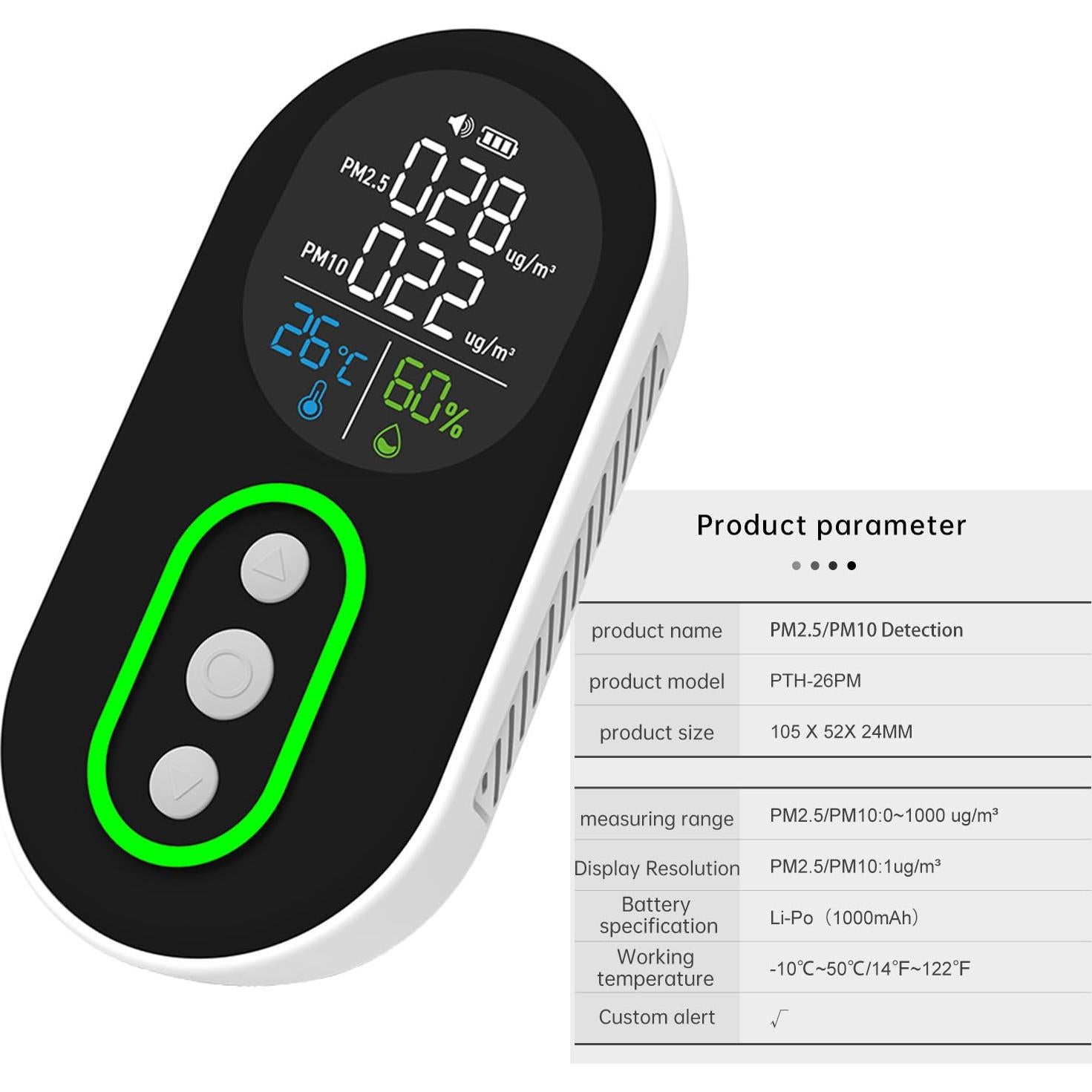 Monitor de Calidad del Aire Protmex PTH-26PM - PM2.5, PM10, Temperatura y Humedad